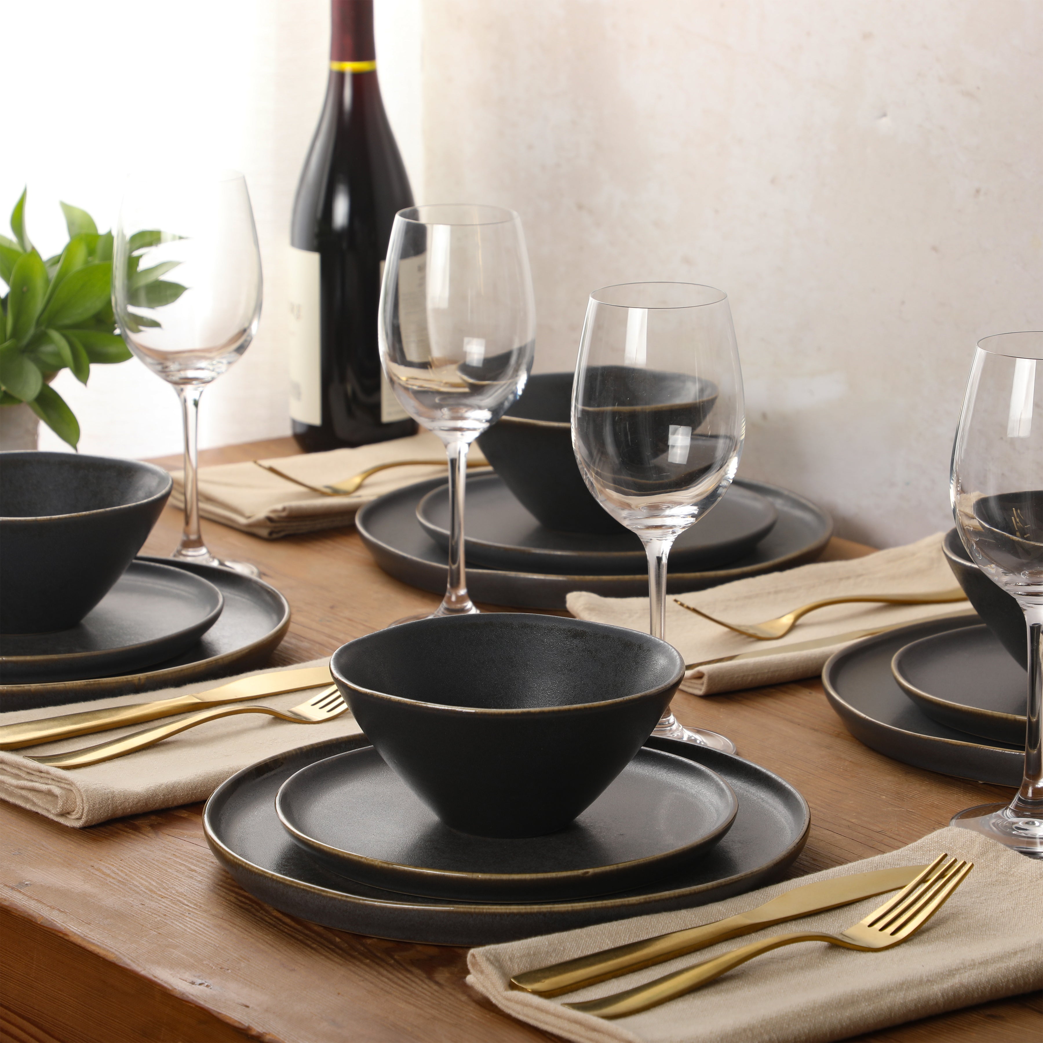 Gibson Elite Coastal Forest Plates and Bowls Sets, 12-Piece Stoneware Dinnerware Sets, Triple Reactive Glaze Dish Set - Grey and Cream White