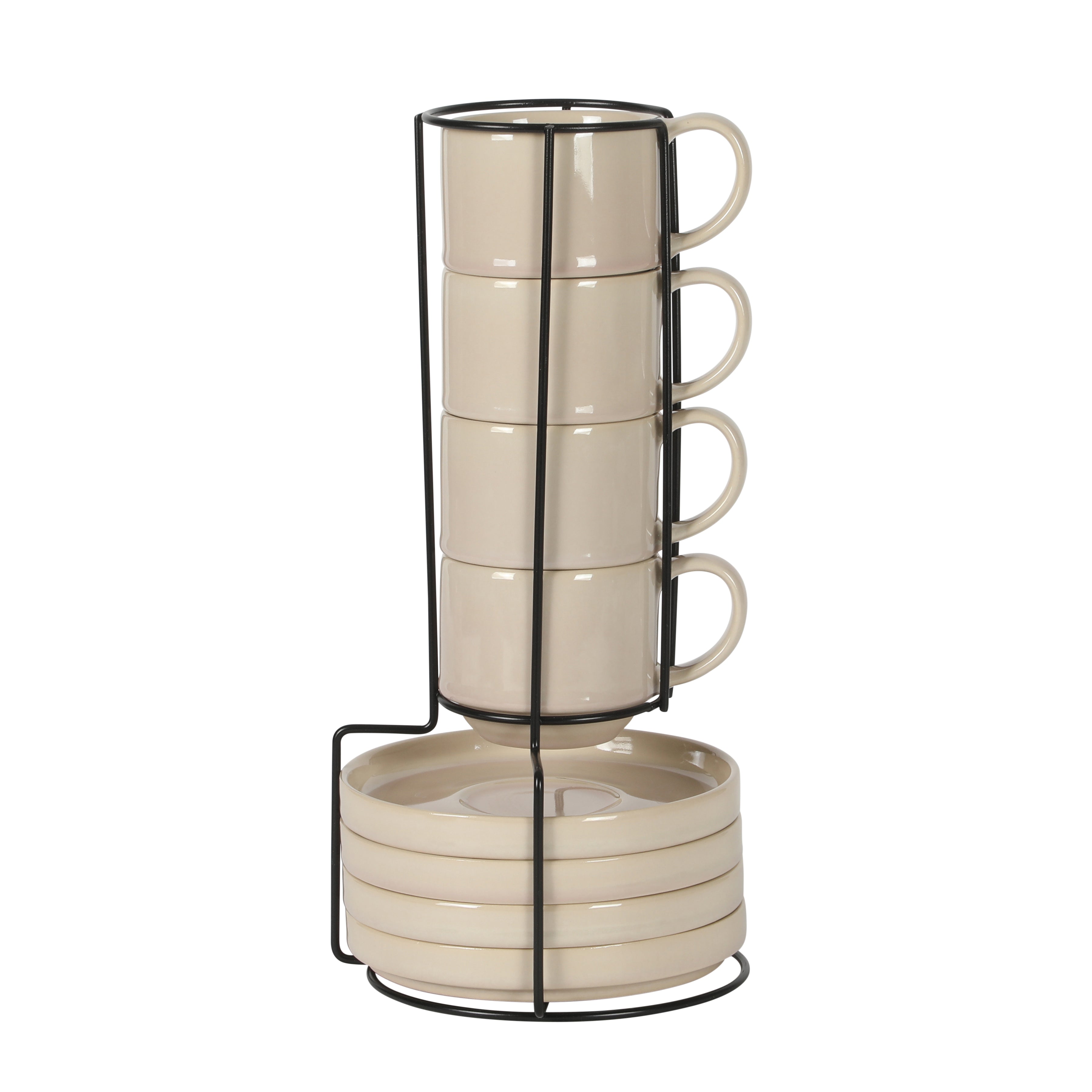 Gibson Elite Sunrise Hills 9-Piece Stackable Stoneware Cup and Saucer Set with Metal Rack, 6 oz, Service for 4, Dishwasher Safe
