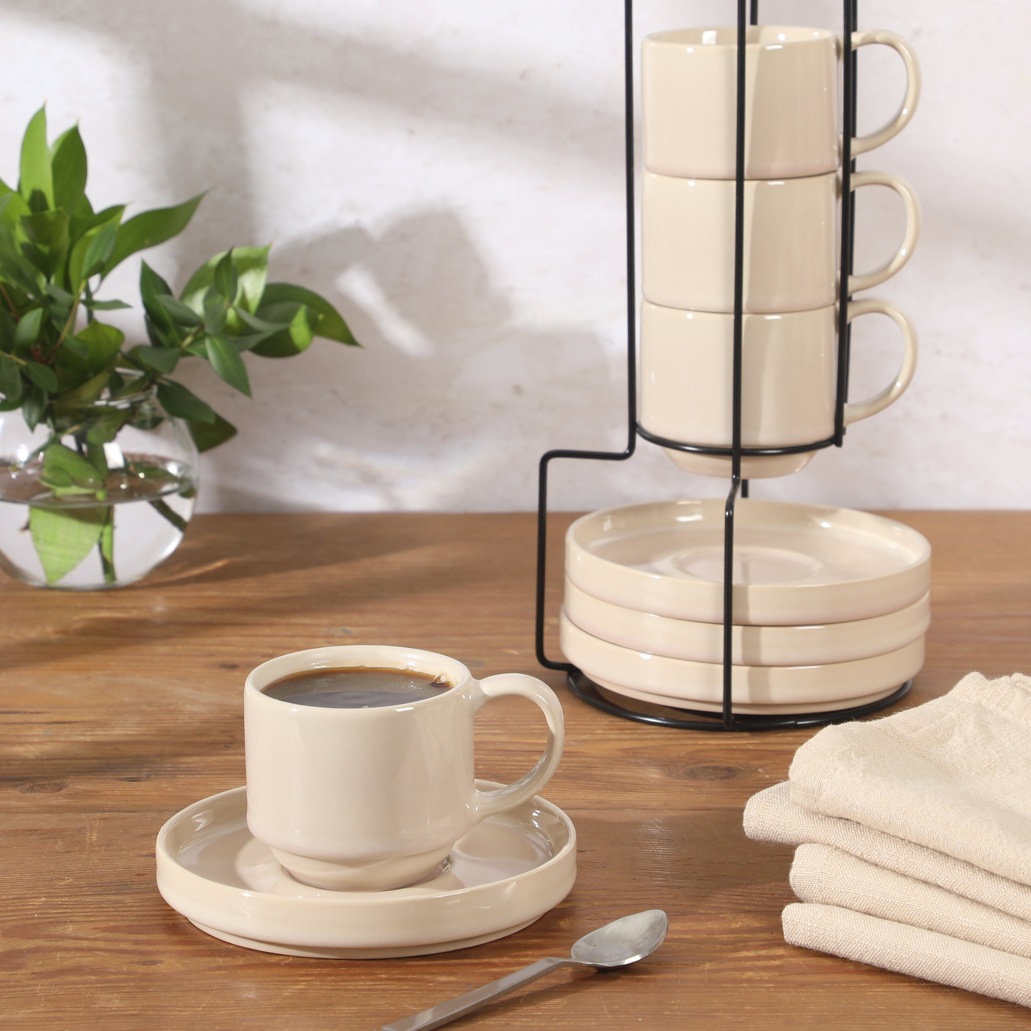 Gibson Elite Sunrise Hills 9-Piece Stackable Stoneware Cup and Saucer Set with Metal Rack, 6 oz, Service for 4, Dishwasher Safe