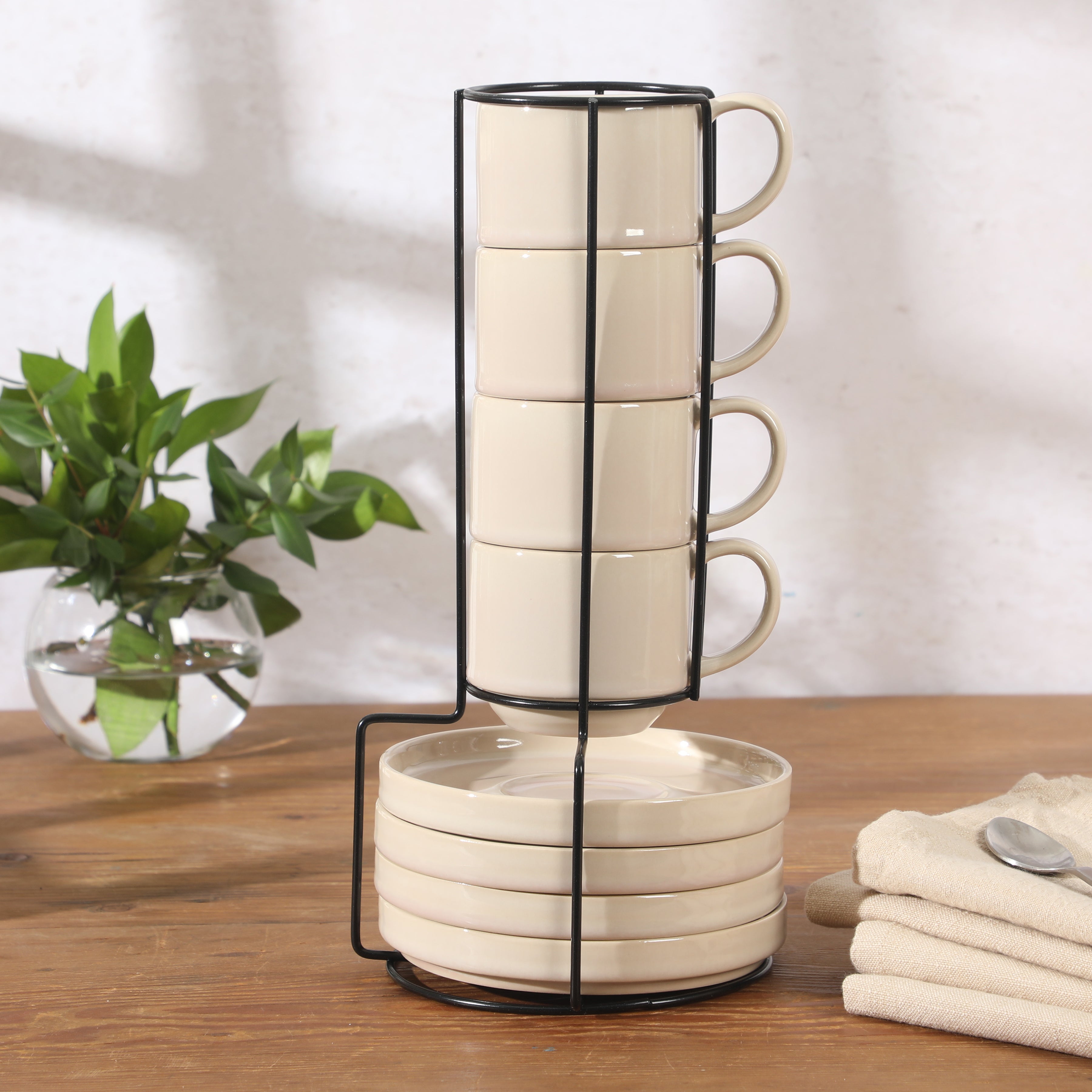 Gibson Elite Sunrise Hills 9-Piece Stackable Stoneware Cup and Saucer Set with Metal Rack, 6 oz, Service for 4, Dishwasher Safe