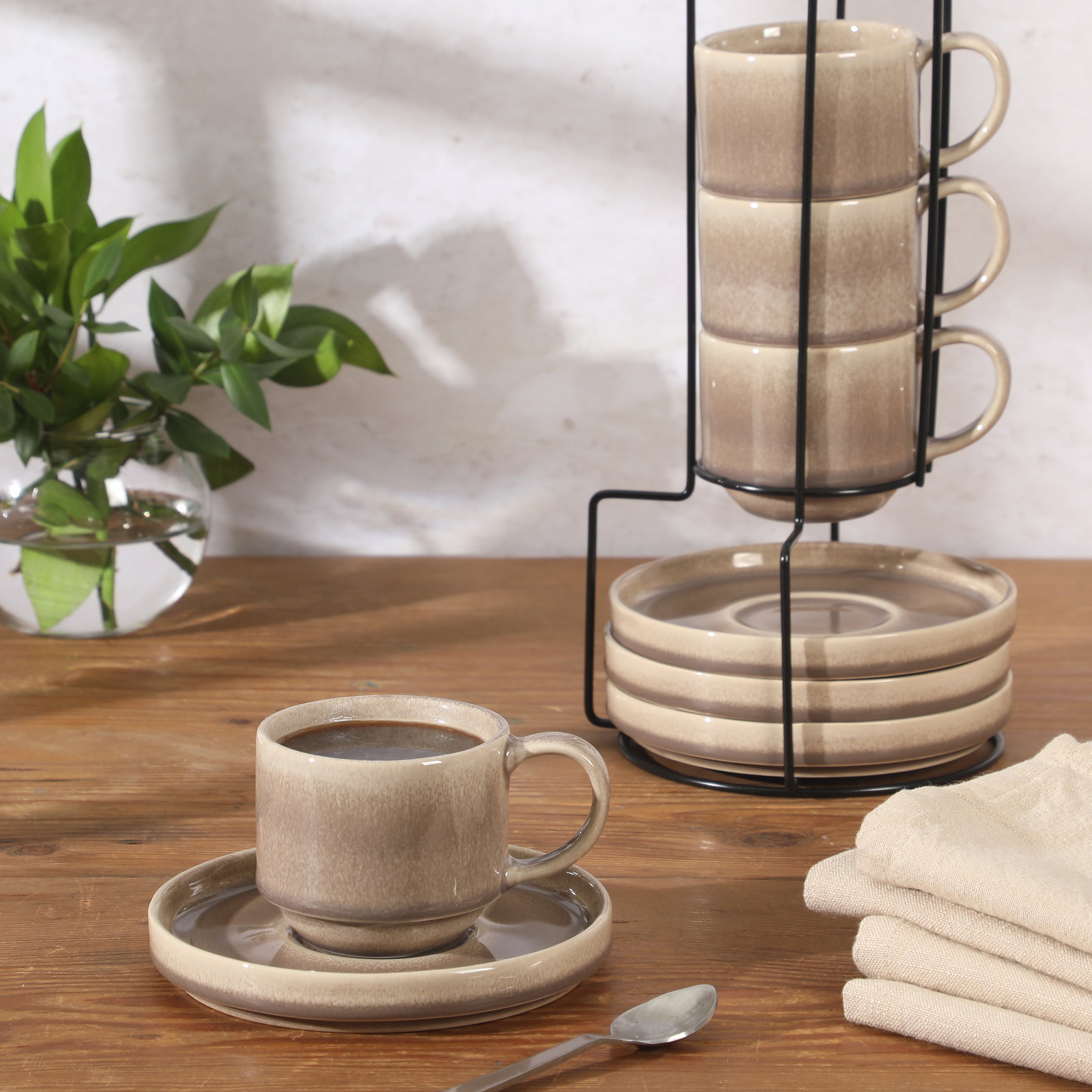 Gibson Elite Sunrise Hills 9-Piece Stackable Stoneware Cup and Saucer Set with Metal Rack, 6 oz, Service for 4, Dishwasher Safe