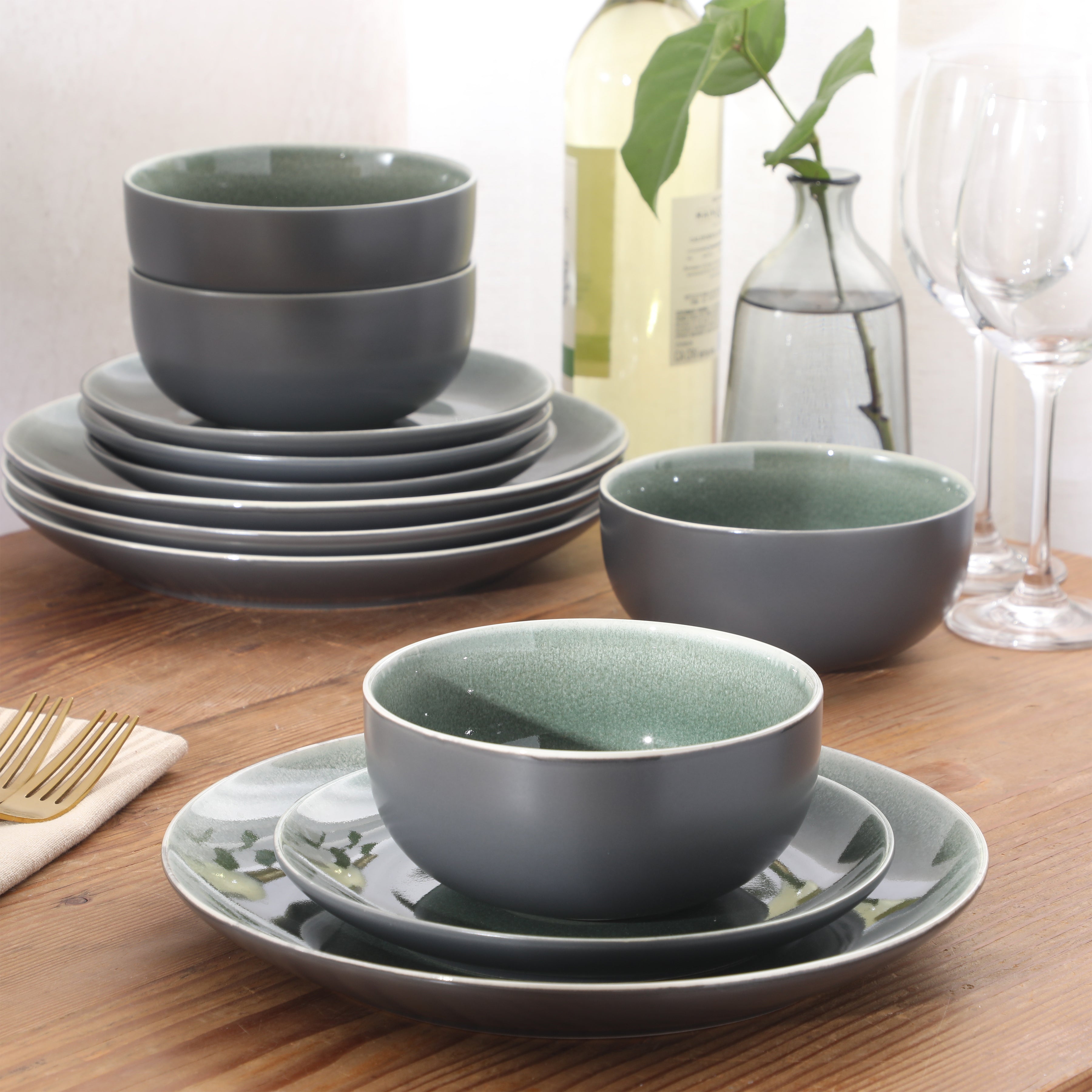 Gibson Elite Pine Coast Plates and Bowls Sets, 12-Piece Stoneware Dinnerware Sets, Reactive Glaze Dish Set