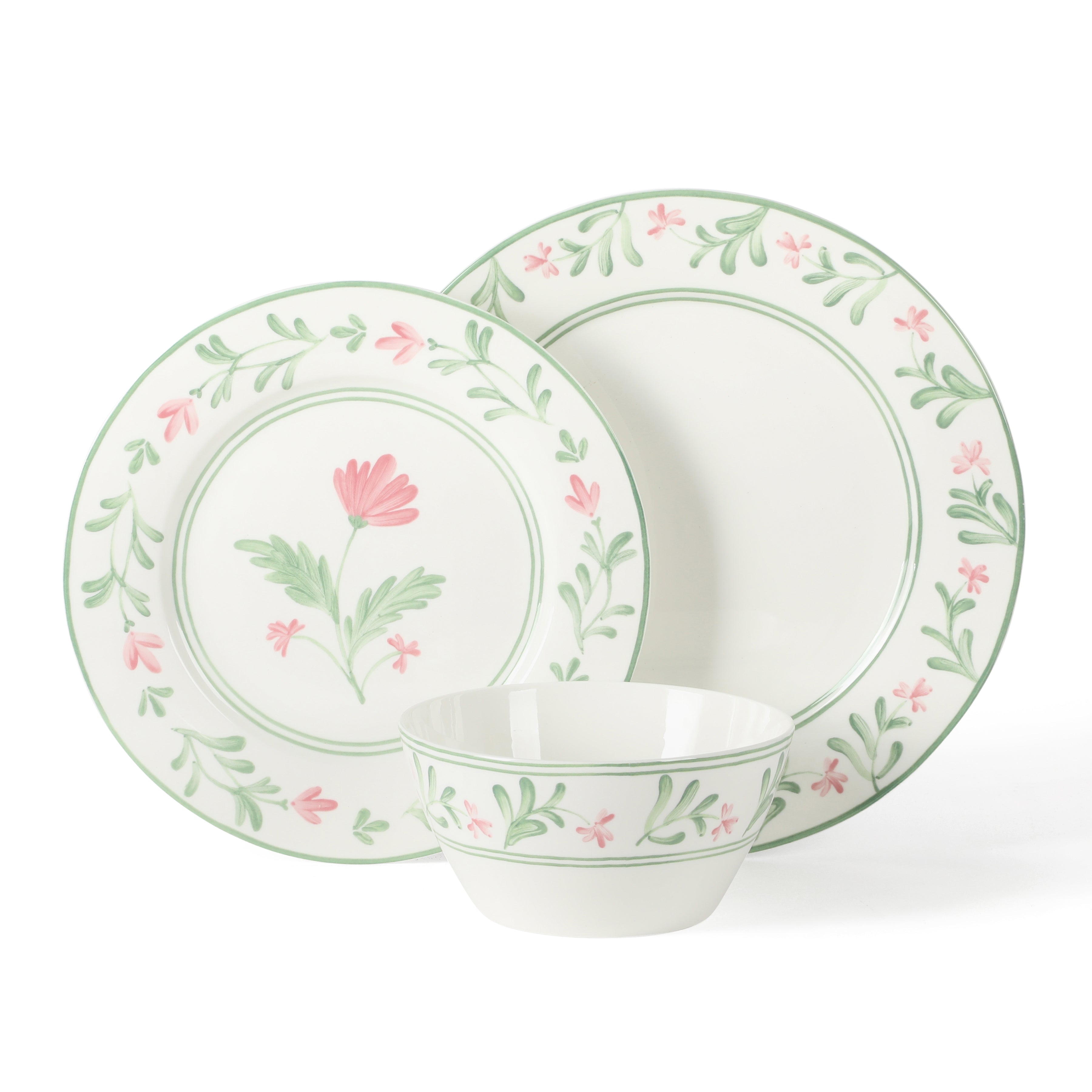 Martha Stewart Maiden Crown 12-Piece Dinnerware Set – Vegan Bone China Ceramic Plates & Bowls – Floral Design – Service for 4 – Dishwasher & Microwave Safe