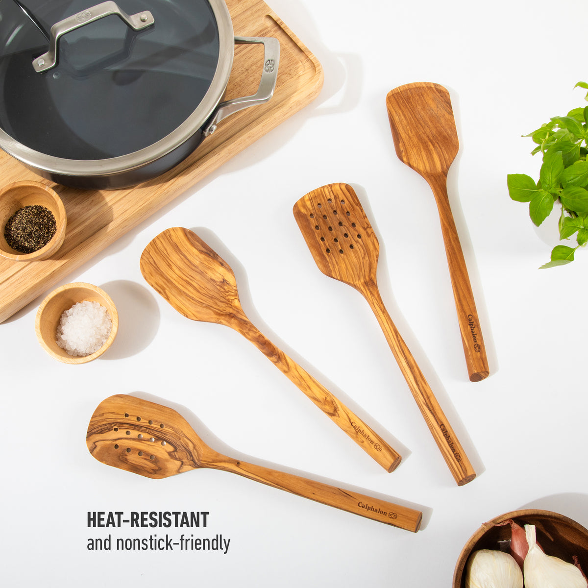 Calphalon Edge Olive Wood Cooking Utensil Set, 13 Inch Spoons and Turners, 4 Piece