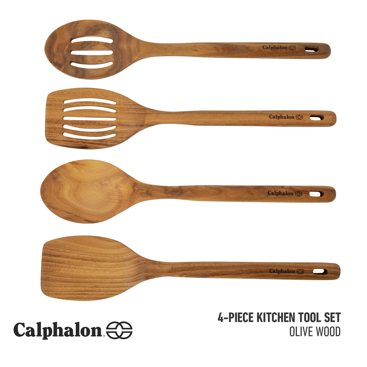 Calphalon Edge Teak Wood Cooking Utensil Set, 13 Inch Spoons and Turners, 4 Piece