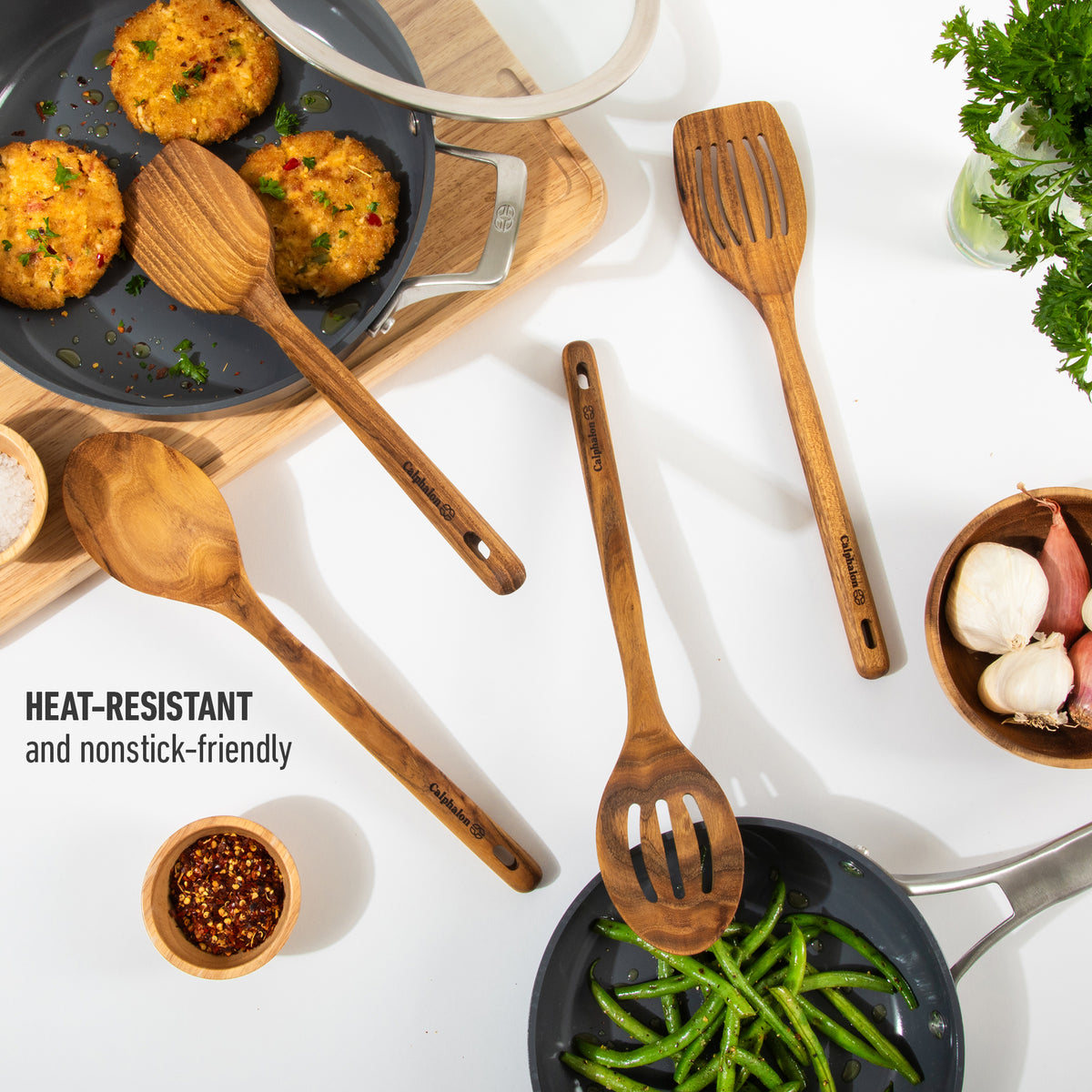 Calphalon Edge Teak Wood Cooking Utensil Set, 13 Inch Spoons and Turners, 4 Piece