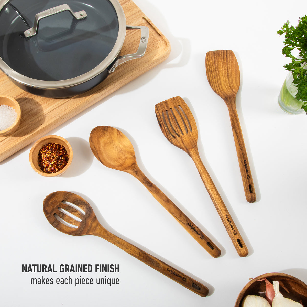Calphalon Edge Teak Wood Cooking Utensil Set, 13 Inch Spoons and Turners, 4 Piece