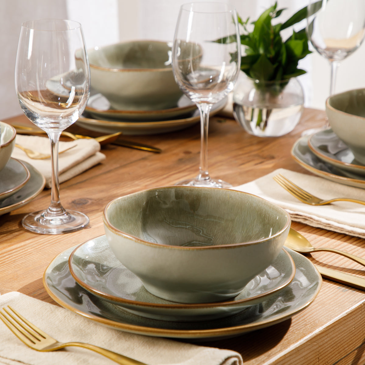 Gibson Elite Wild Archer Plates and Bowls Set, 12 Piece Stoneware Dinnerware Set for 4, Reactive Glaze, Dishwasher & Microwave Safe