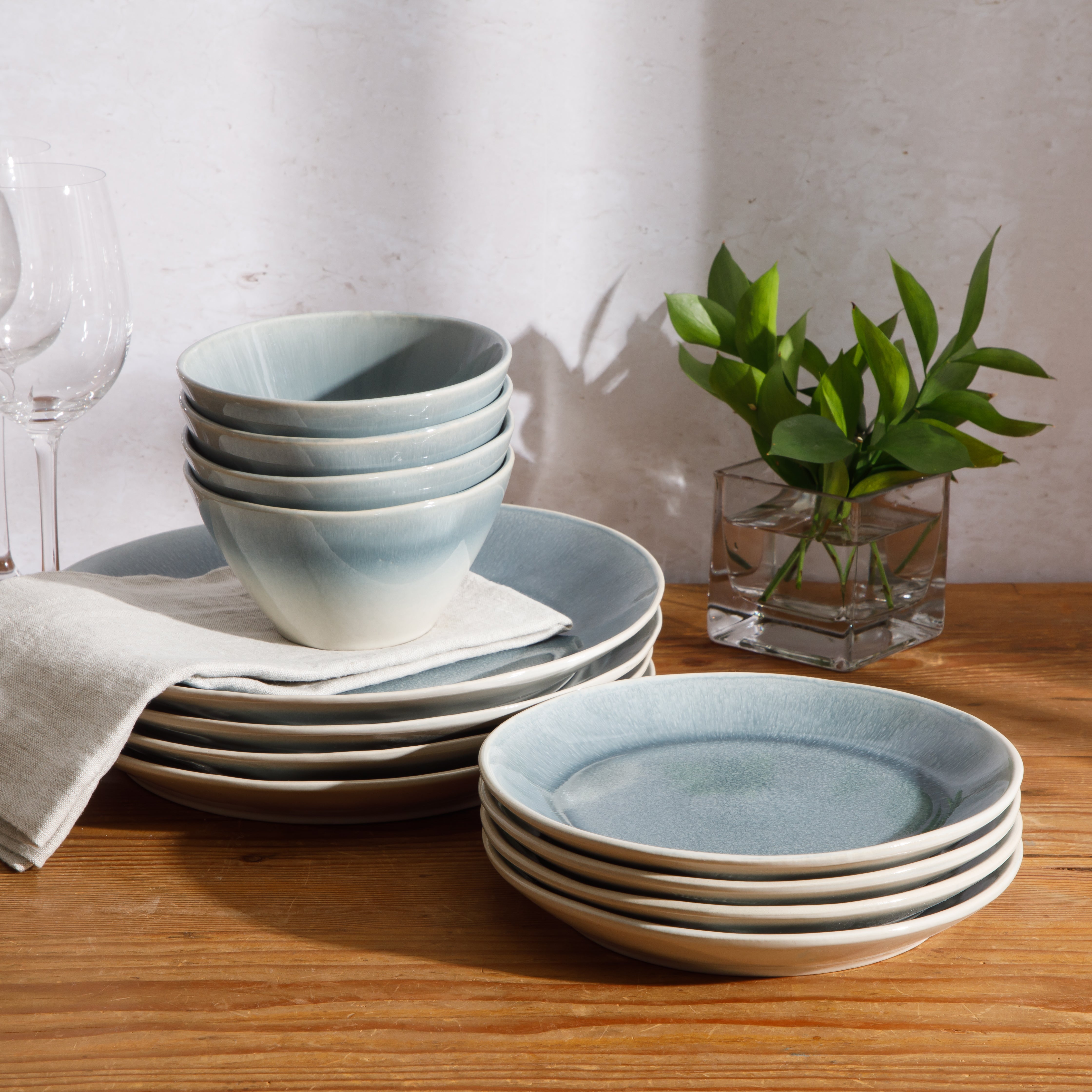 Gibson Elite Plates and Bowls Set, 12 Piece Stoneware Dinnerware for 4, Reactive Glaze Ombre Blue, Chip Resistant, Dishwasher & Microwave Safe