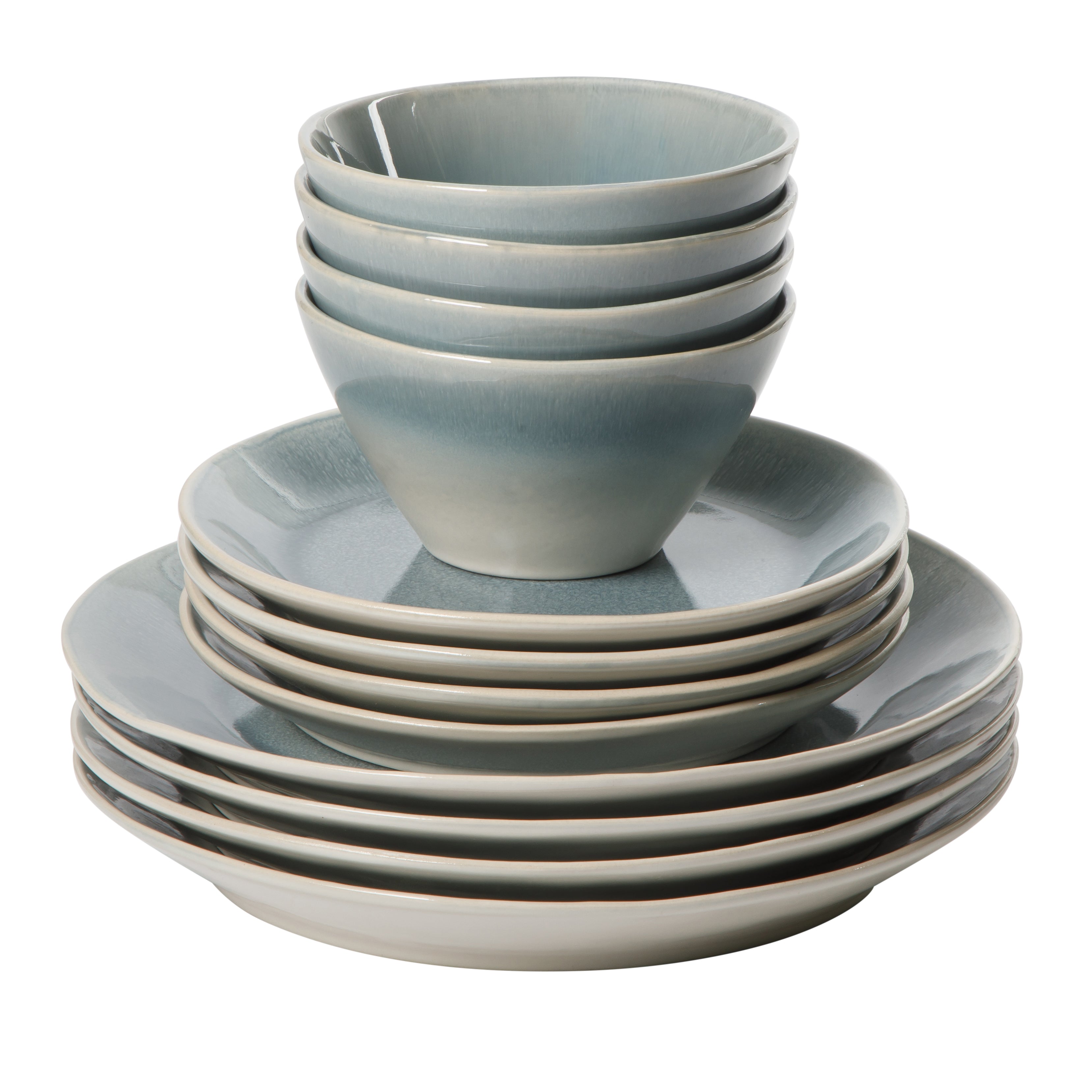 Gibson Elite Plates and Bowls Set, 12 Piece Stoneware Dinnerware for 4, Reactive Glaze Ombre Blue, Chip Resistant, Dishwasher & Microwave Safe
