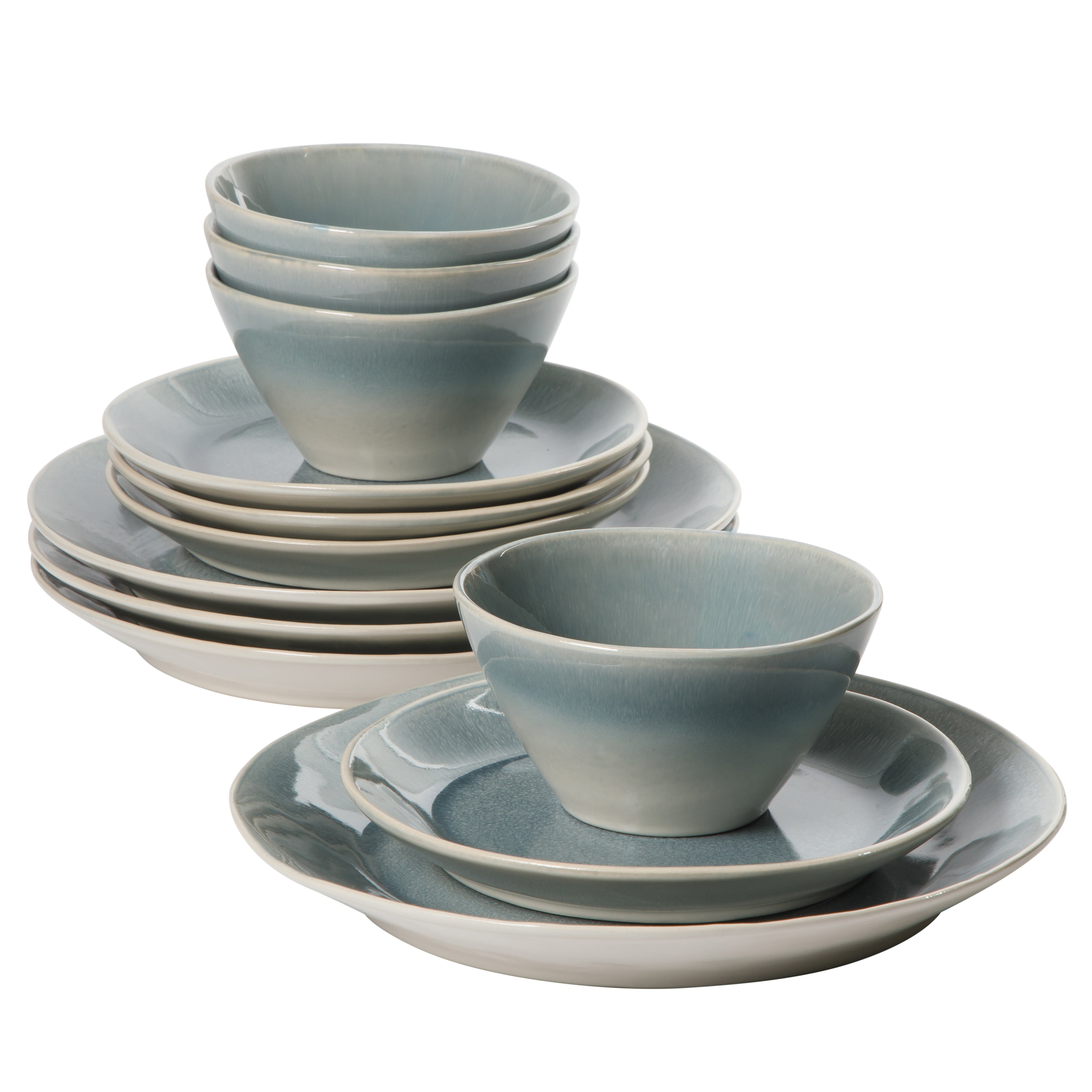 Gibson Elite Plates and Bowls Set, 12 Piece Stoneware Dinnerware for 4, Reactive Glaze Ombre Blue, Chip Resistant, Dishwasher & Microwave Safe