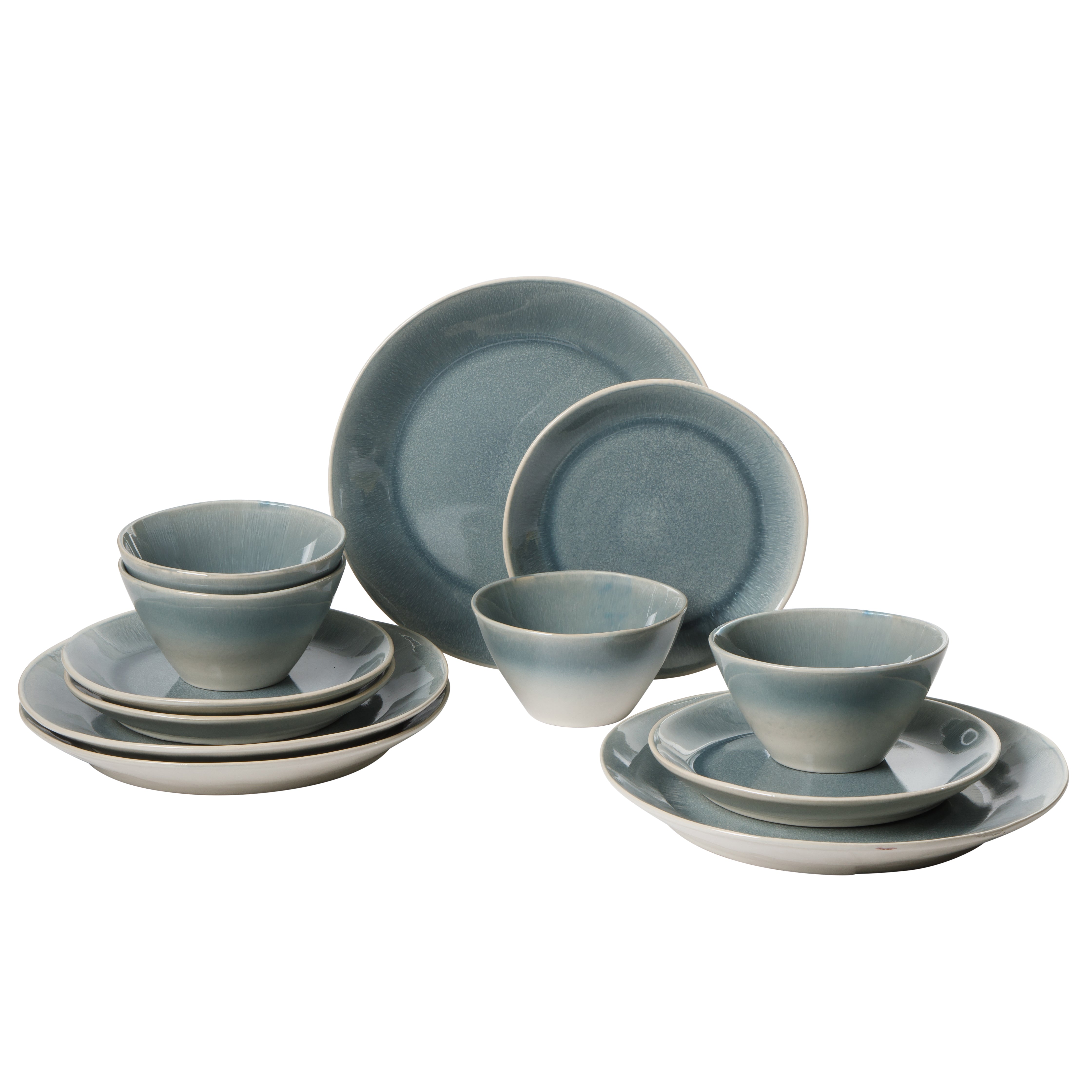 Gibson Elite Plates and Bowls Set, 12 Piece Stoneware Dinnerware for 4, Reactive Glaze Ombre Blue, Chip Resistant, Dishwasher & Microwave Safe