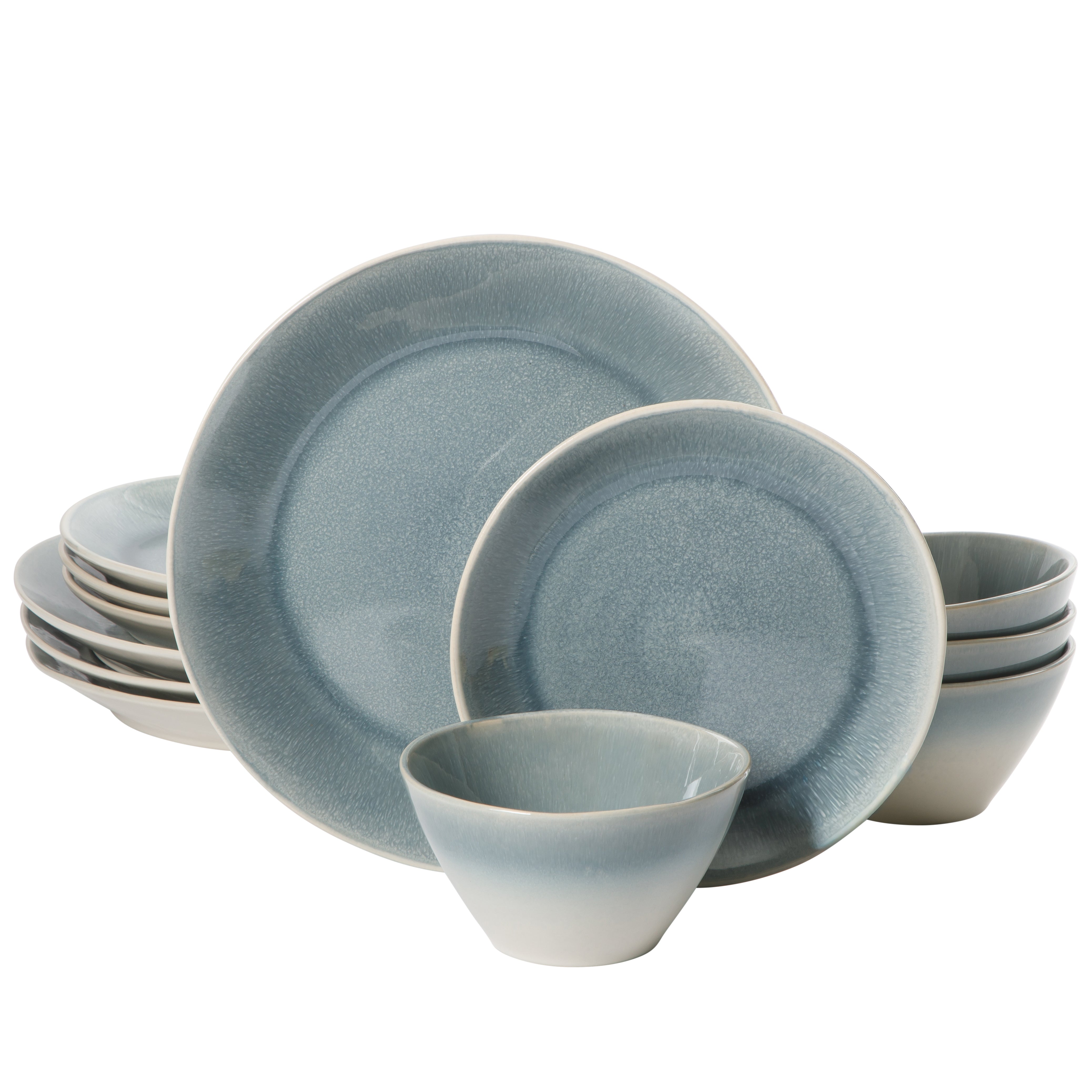 Gibson Elite Plates and Bowls Set, 12 Piece Stoneware Dinnerware for 4, Reactive Glaze Ombre Blue, Chip Resistant, Dishwasher & Microwave Safe