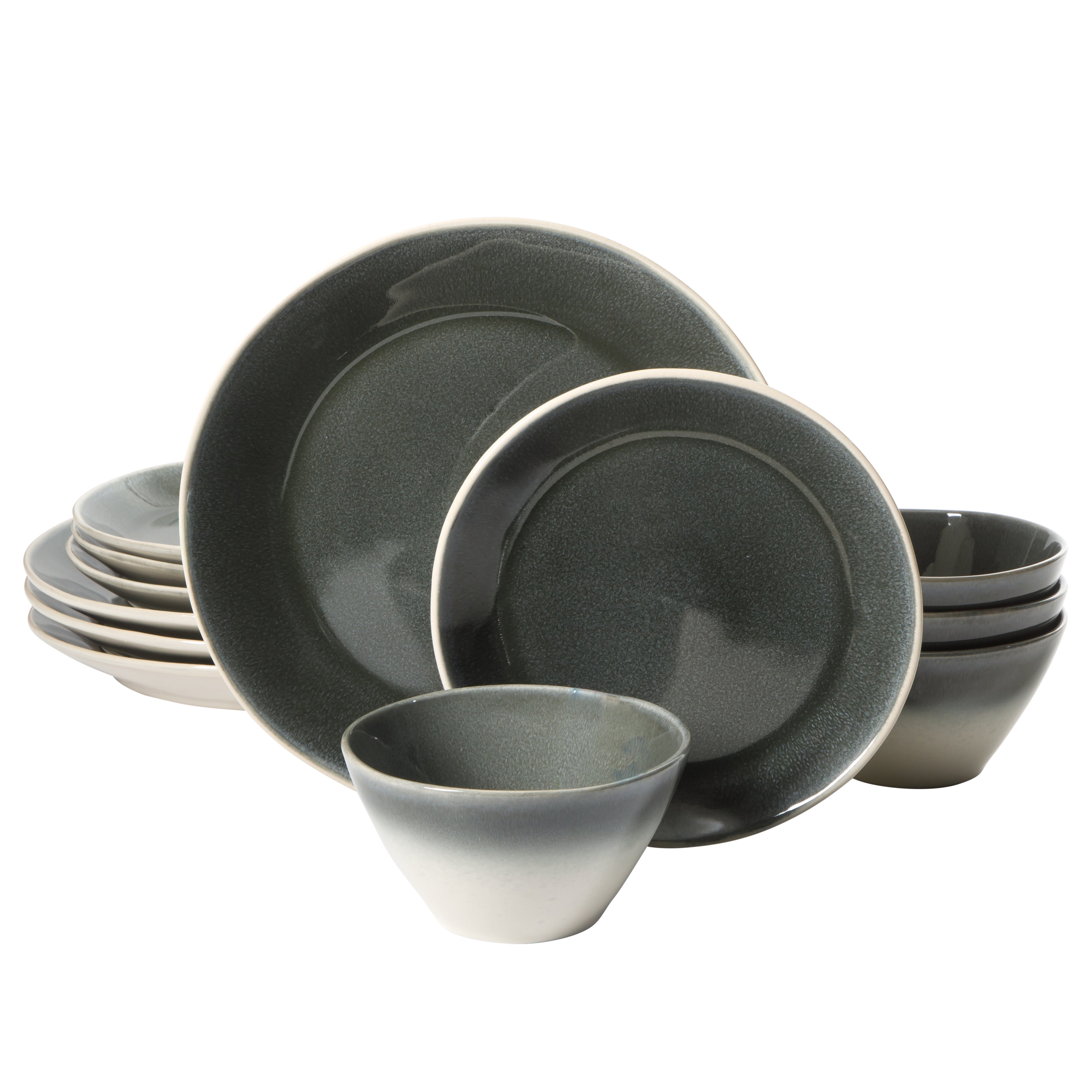 Gibson Elite Plates and Bowls Set, 12 Piece Stoneware Dinnerware for 4, Reactive Glaze Ombre Blue, Chip Resistant, Dishwasher & Microwave Safe