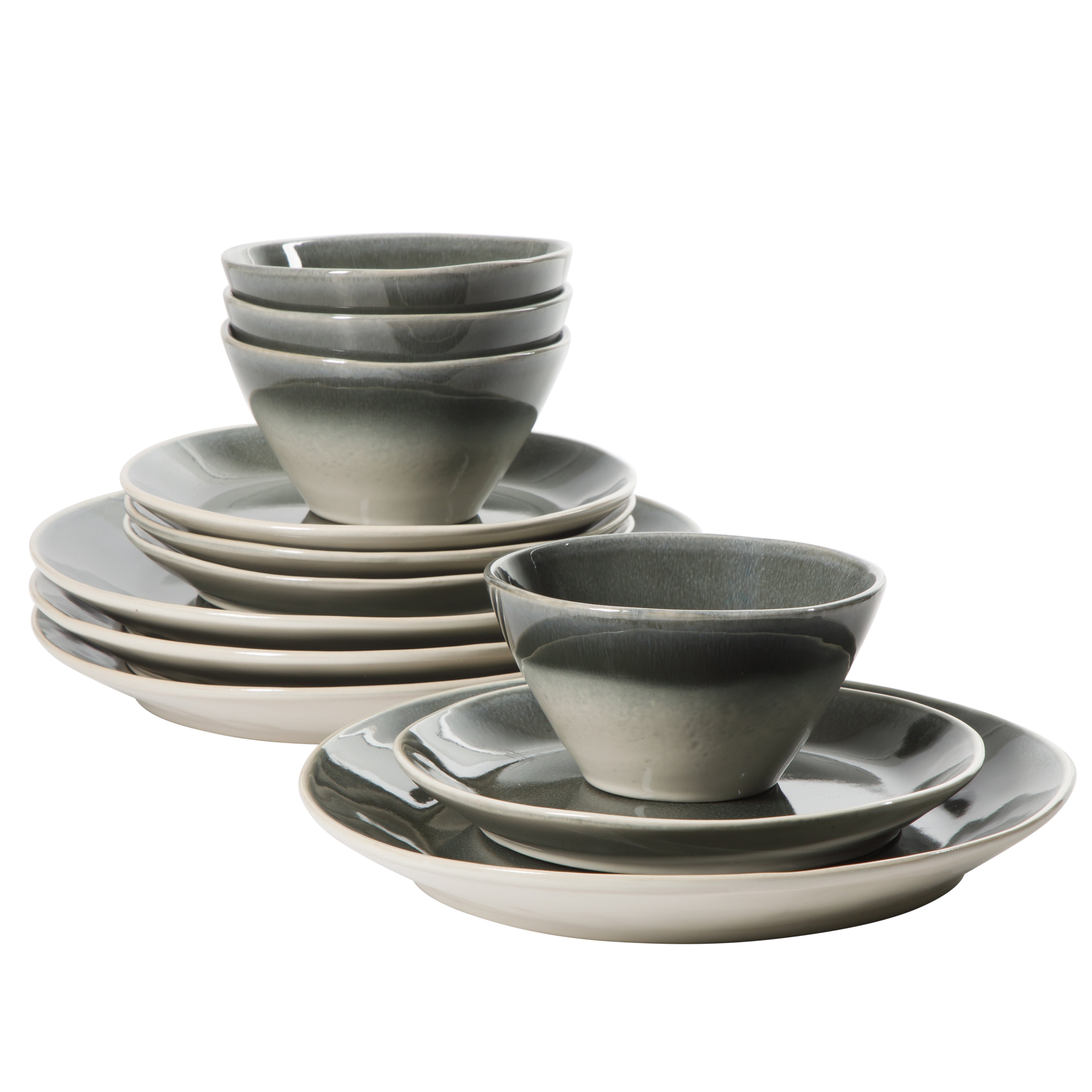 Gibson Elite Plates and Bowls Set, 12 Piece Stoneware Dinnerware for 4, Reactive Glaze Ombre Blue, Chip Resistant, Dishwasher & Microwave Safe