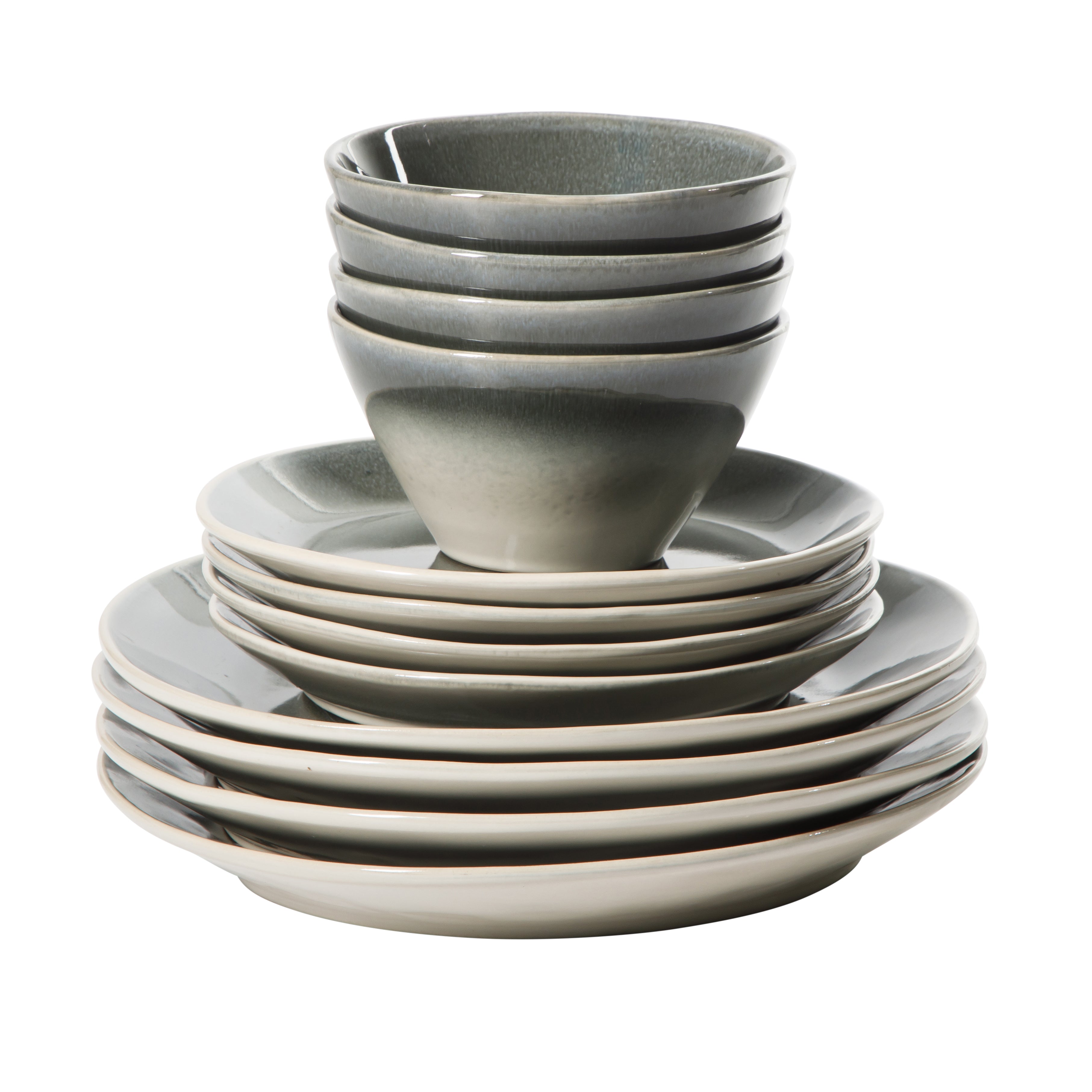 Gibson Elite Plates and Bowls Set, 12 Piece Stoneware Dinnerware for 4, Reactive Glaze Ombre Blue, Chip Resistant, Dishwasher & Microwave Safe