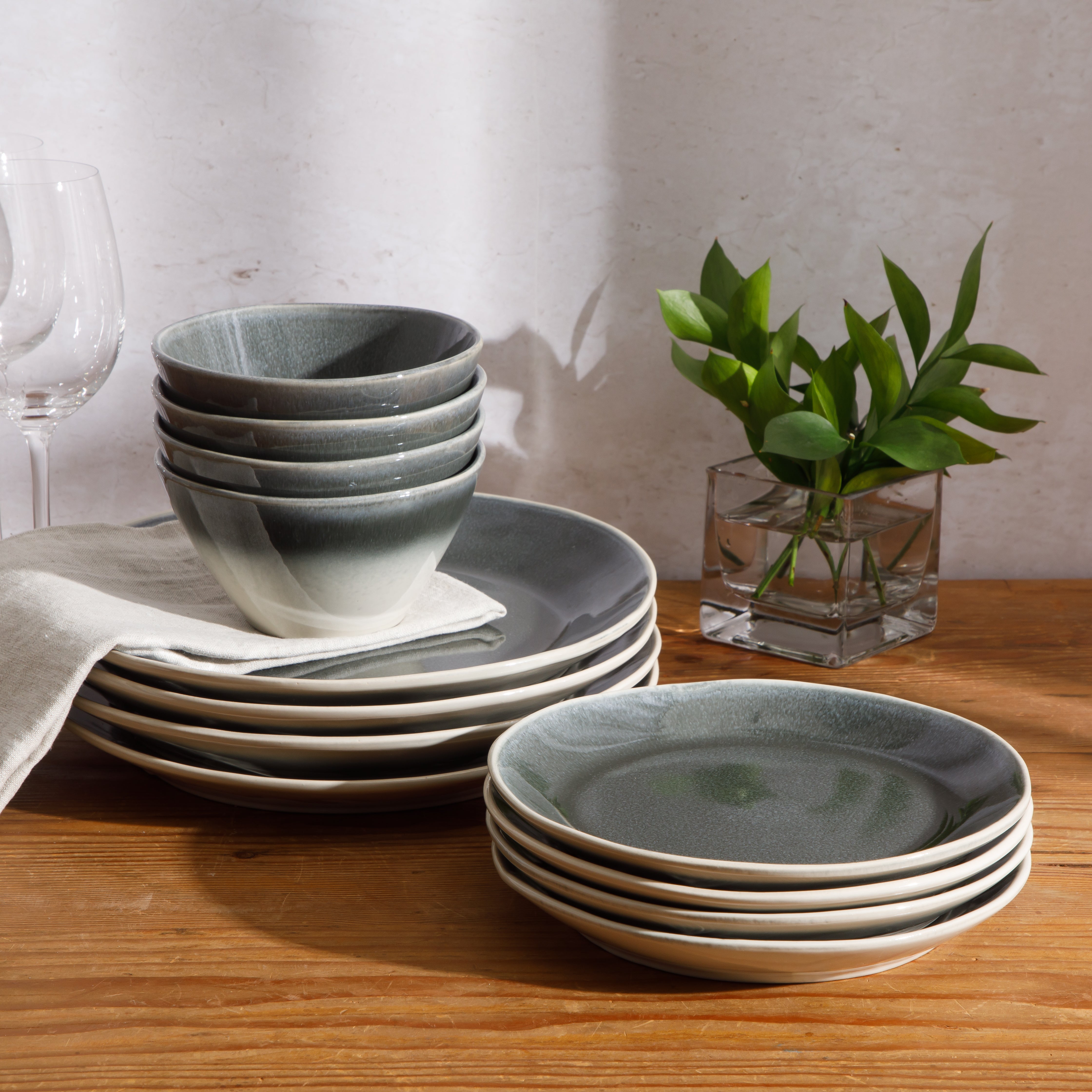 Gibson Elite Plates and Bowls Set, 12 Piece Stoneware Dinnerware for 4, Reactive Glaze Ombre Blue, Chip Resistant, Dishwasher & Microwave Safe