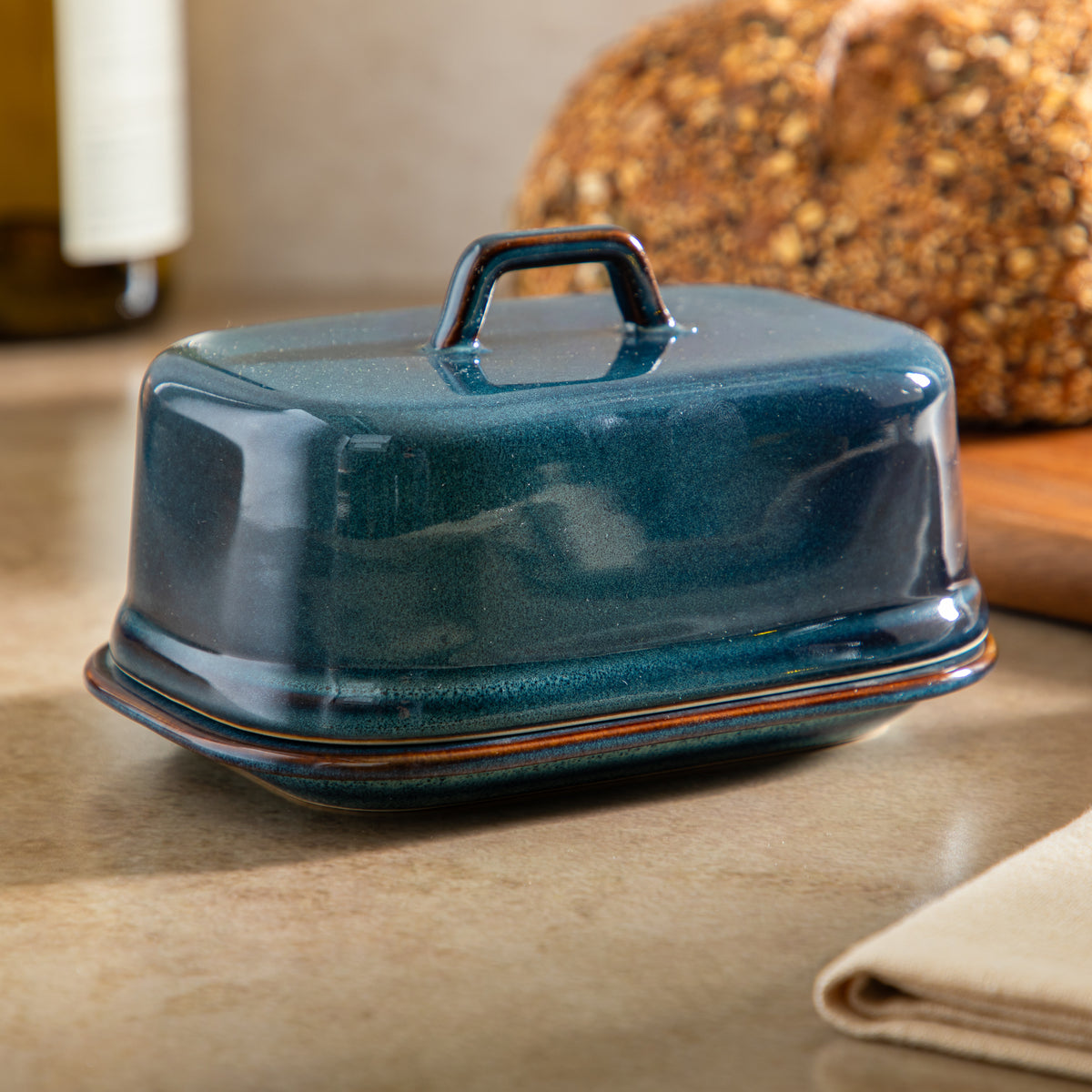 Gibson Elite Blue Eagle Butter Dish with Lid for Countertop, Ceramic Stoneware Butter Keeper, Reactive Glaze, Covered Rectangular Dish