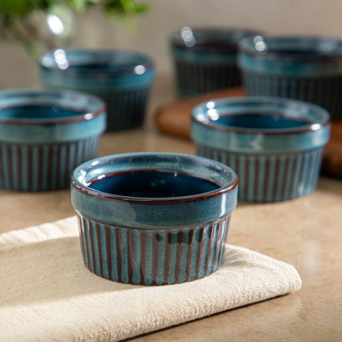 Gibson Elite Blue Eagle Ramekins Set of 6, Oven Safe Ceramic Stoneware Creme Brulee Custard Cups, Reactive Glaze, Ribbed, 3.5 Inch, 5 oz