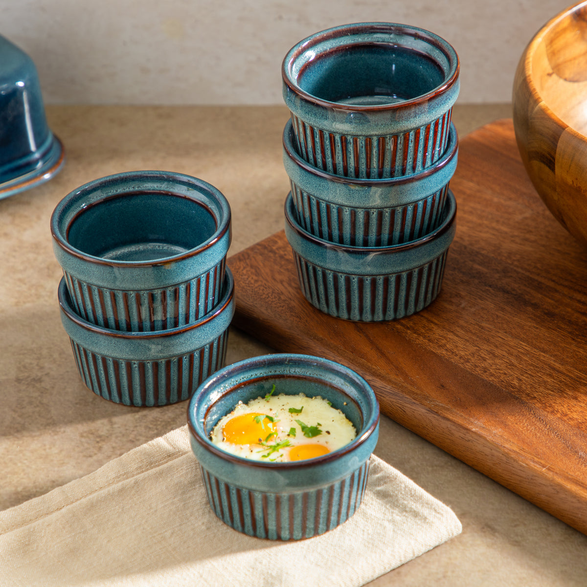 Gibson Elite Blue Eagle Ramekins Set of 6, Oven Safe Ceramic Stoneware Creme Brulee Custard Cups, Reactive Glaze, Ribbed, 3.5 Inch, 5 oz