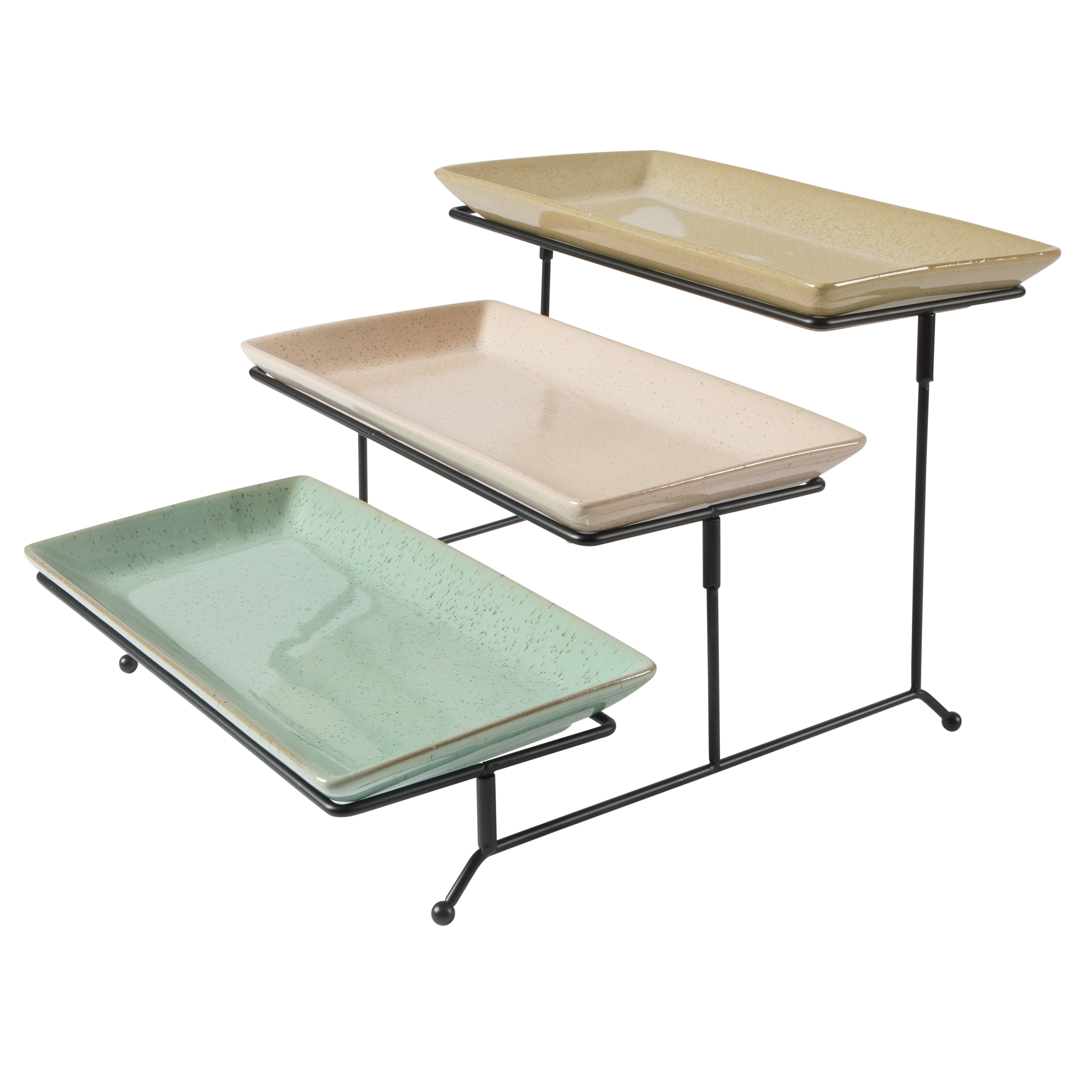 Gibson Elite 3 Tier Serving Platter Set, Stoneware Tiered Serving Tray for Party with Metal Rack, Reactive Glaze, Rectangular, Multi-Color