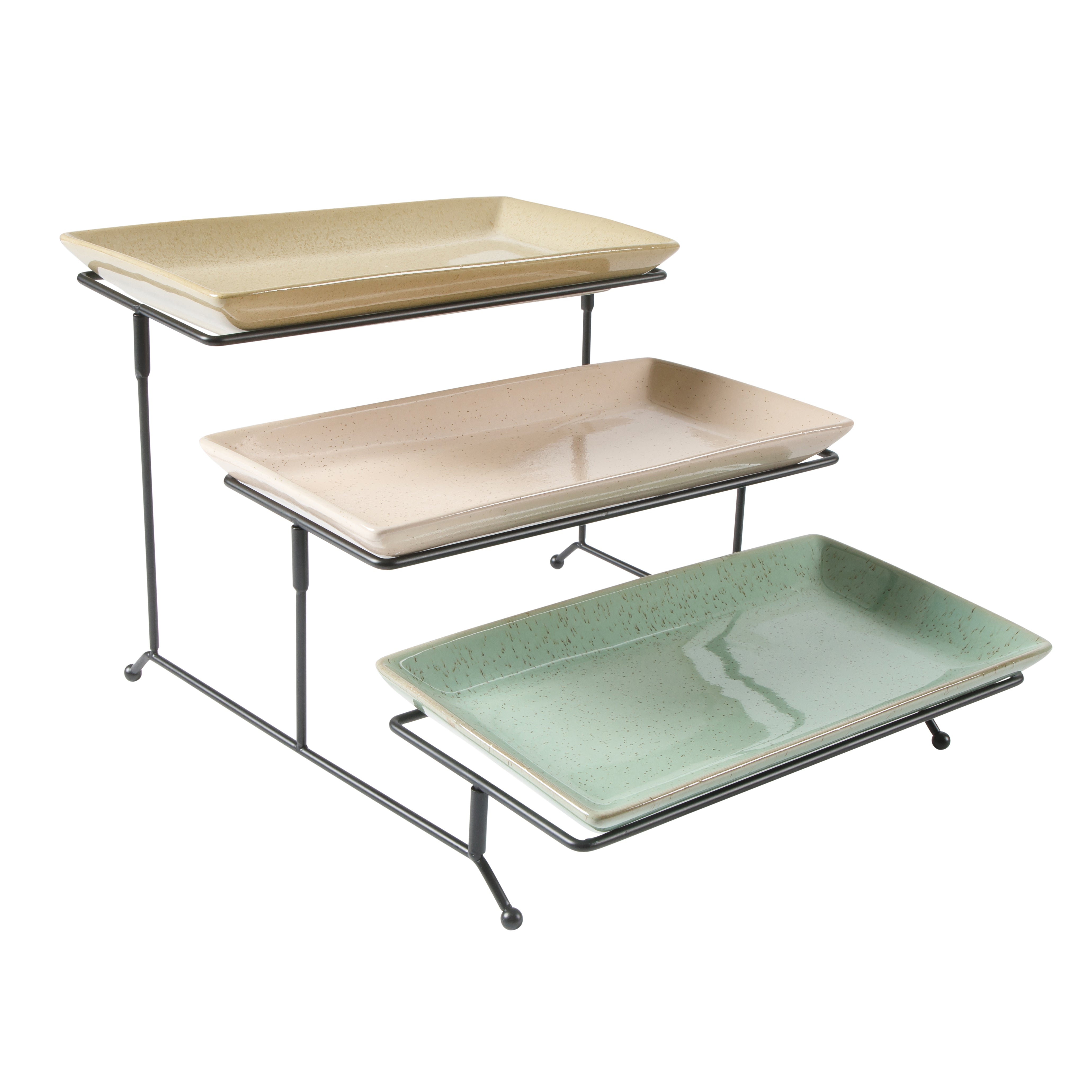 Gibson Elite 3 Tier Serving Platter Set, Stoneware Tiered Serving Tray for Party with Metal Rack, Reactive Glaze, Rectangular, Multi-Color