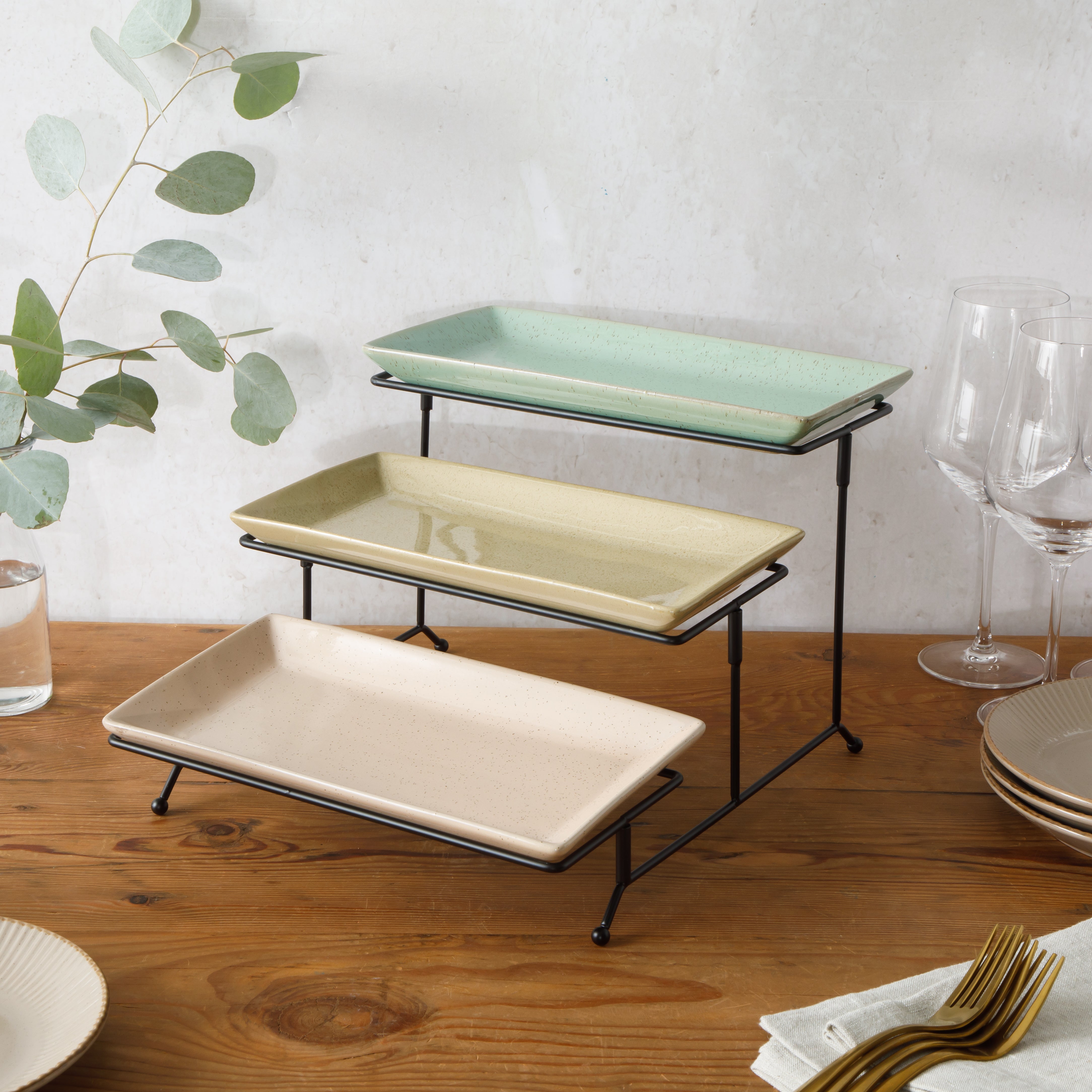 Gibson Elite 3 Tier Serving Platter Set, Stoneware Tiered Serving Tray for Party with Metal Rack, Reactive Glaze, Rectangular, Multi-Color
