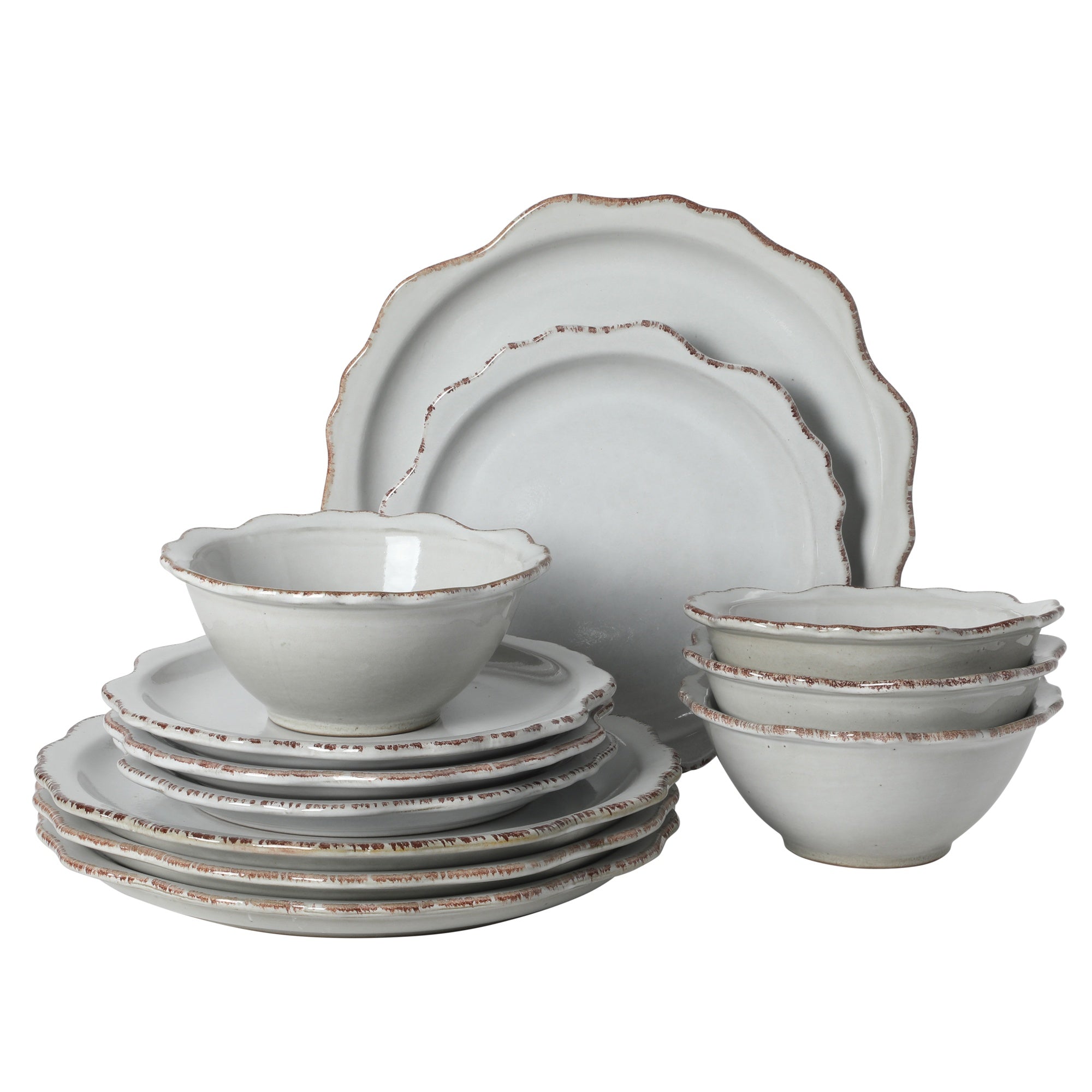 Gibson Elite Kennon Road Plates and Bowls Set, 12-Piece Dinnerware Set, White Scalloped Stoneware Dishes, Dinner Plates, Salad Plates & Cereal Bowls, Reactive Glaze