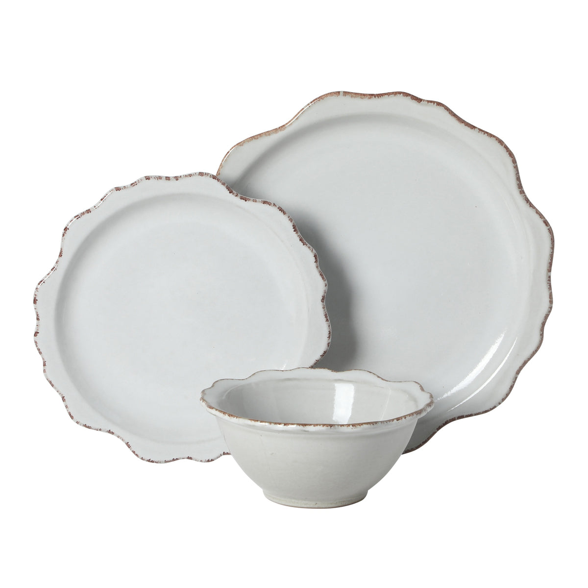 Gibson Elite Kennon Road Plates and Bowls Set, 12-Piece Dinnerware Set, White Scalloped Stoneware Dishes, Dinner Plates, Salad Plates & Cereal Bowls, Reactive Glaze
