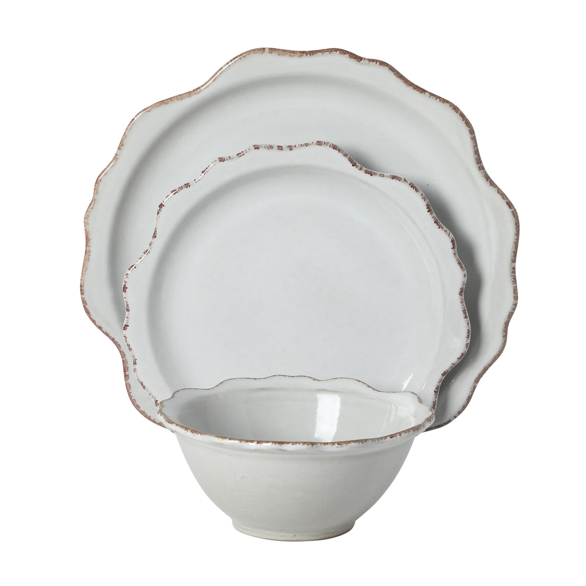 Gibson Elite Kennon Road Plates and Bowls Set, 12-Piece Dinnerware Set, White Scalloped Stoneware Dishes, Dinner Plates, Salad Plates & Cereal Bowls, Reactive Glaze