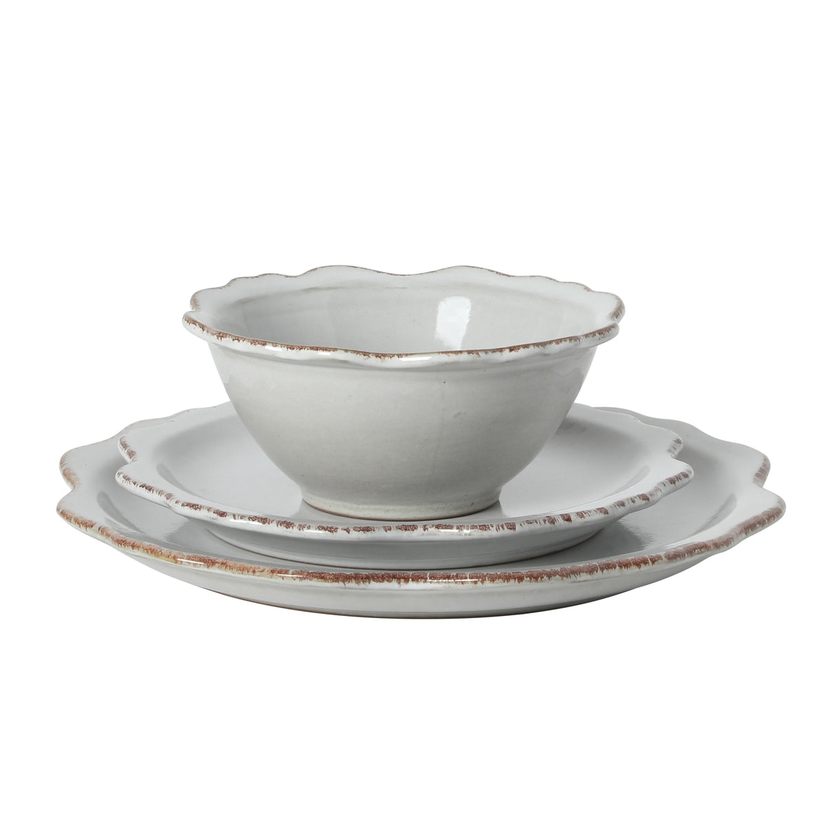 Gibson Elite Kennon Road Plates and Bowls Set, 12-Piece Dinnerware Set, White Scalloped Stoneware Dishes, Dinner Plates, Salad Plates & Cereal Bowls, Reactive Glaze