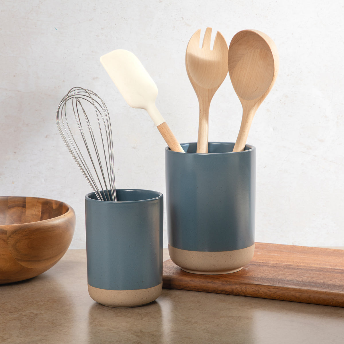 Gibson Elite Turtle Rock Kitchen Utensil Holder Set of 2, Ceramic Crock for Countertop, Spoon Caddy & Kitchen Counter Organizer, Taupe