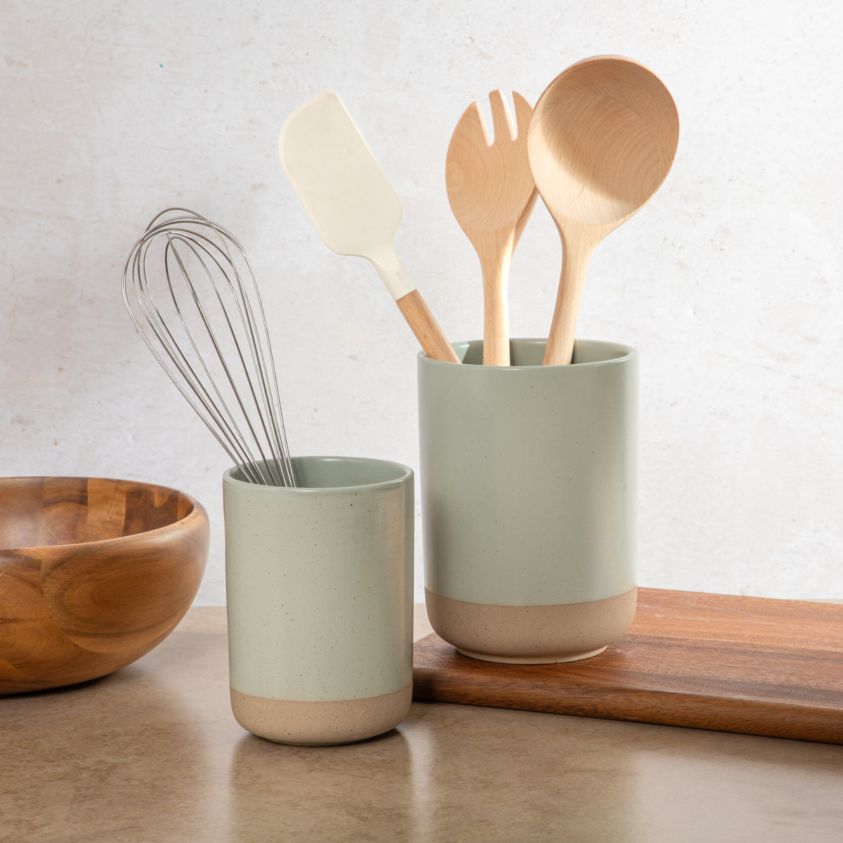 Gibson Elite Turtle Rock Kitchen Utensil Holder Set of 2, Ceramic Crock for Countertop, Spoon Caddy & Kitchen Counter Organizer, Taupe