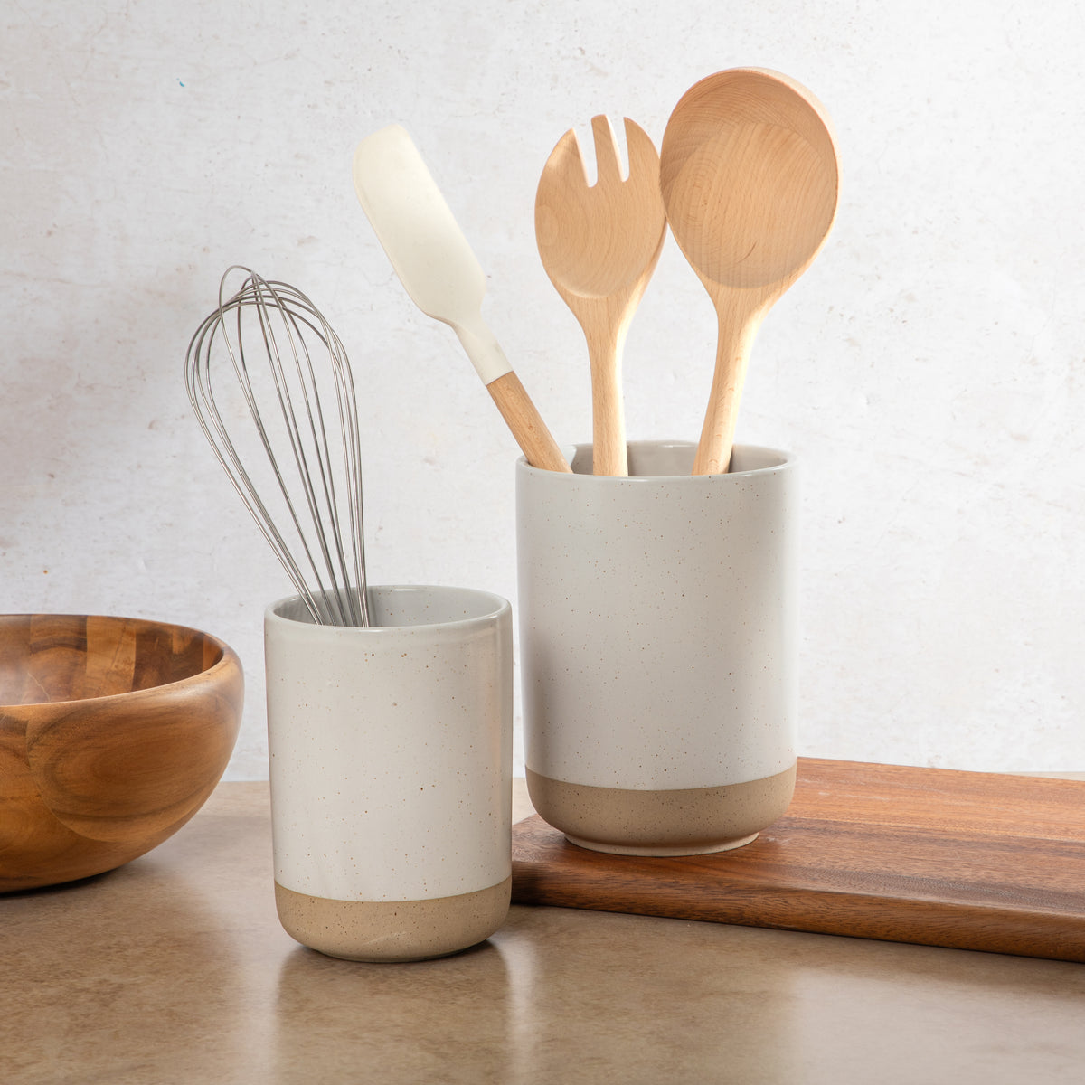 Gibson Elite Turtle Rock Kitchen Utensil Holder Set of 2, Ceramic Crock for Countertop, Spoon Caddy & Kitchen Counter Organizer, Taupe