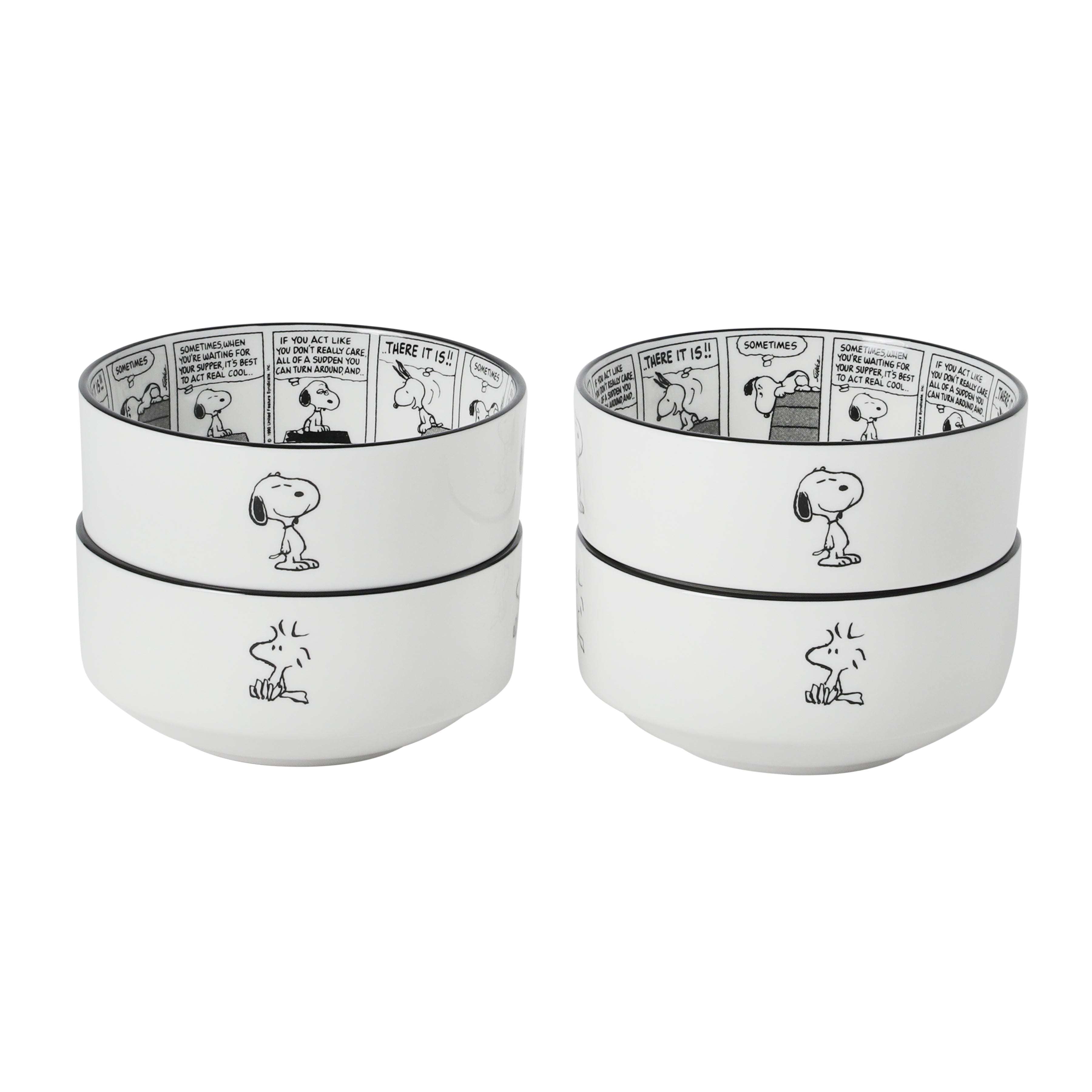 Peanuts Snoopy Cereal Bowls, Set of 4, 4.5-Inch Porcelain Snack Bowls for Ice Cream and Dessert, Sunday Comic Strip Design with Snoopy and Woodstock