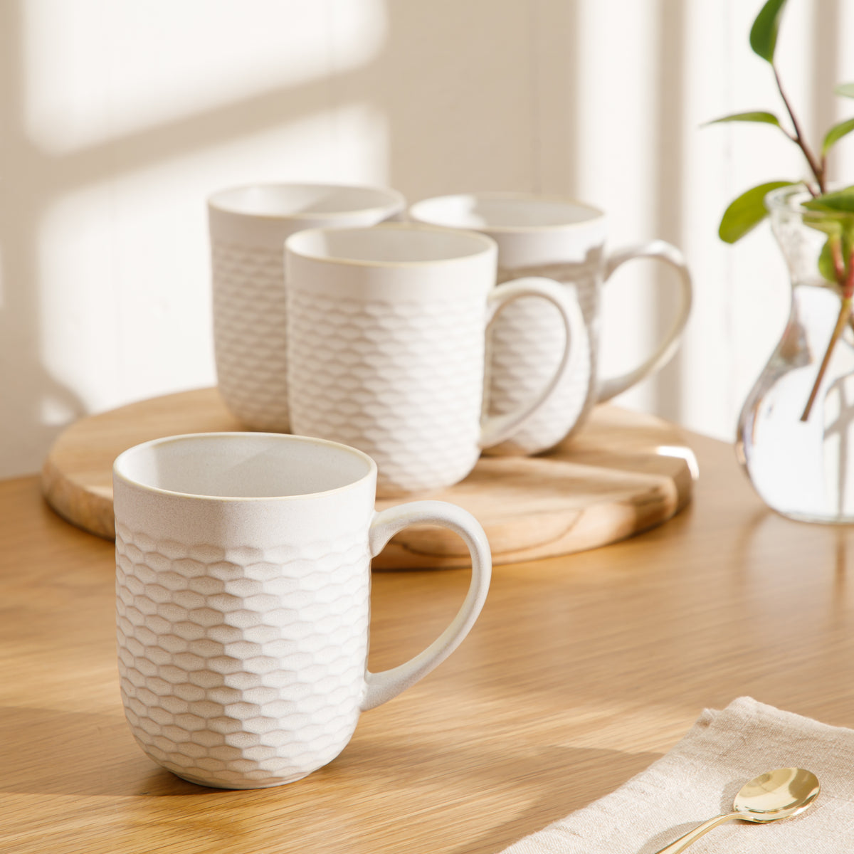Gibson Home Vail Peaks 4-Piece 16 Oz Stoneware Coffee Mug Set, Cream Braided Embossed Mugs