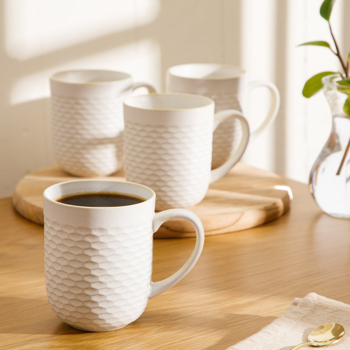 Gibson Home Vail Peaks 4-Piece 16 Oz Stoneware Coffee Mug Set, Cream Braided Embossed Mugs