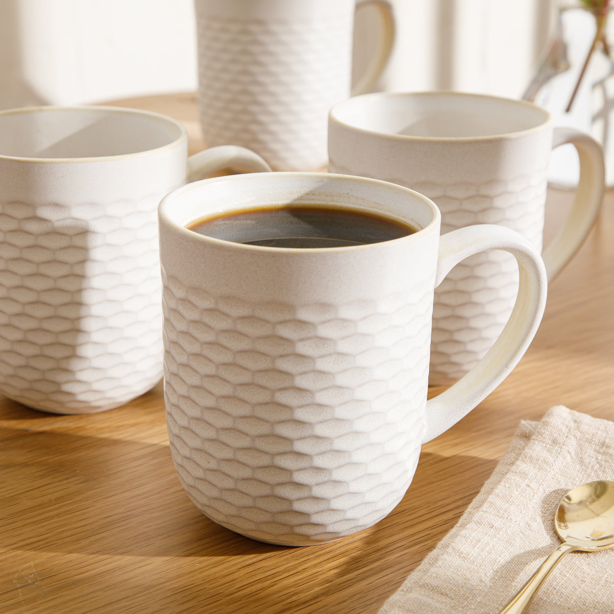Gibson Home Vail Peaks 4-Piece 16 Oz Stoneware Coffee Mug Set, Cream Braided Embossed Mugs
