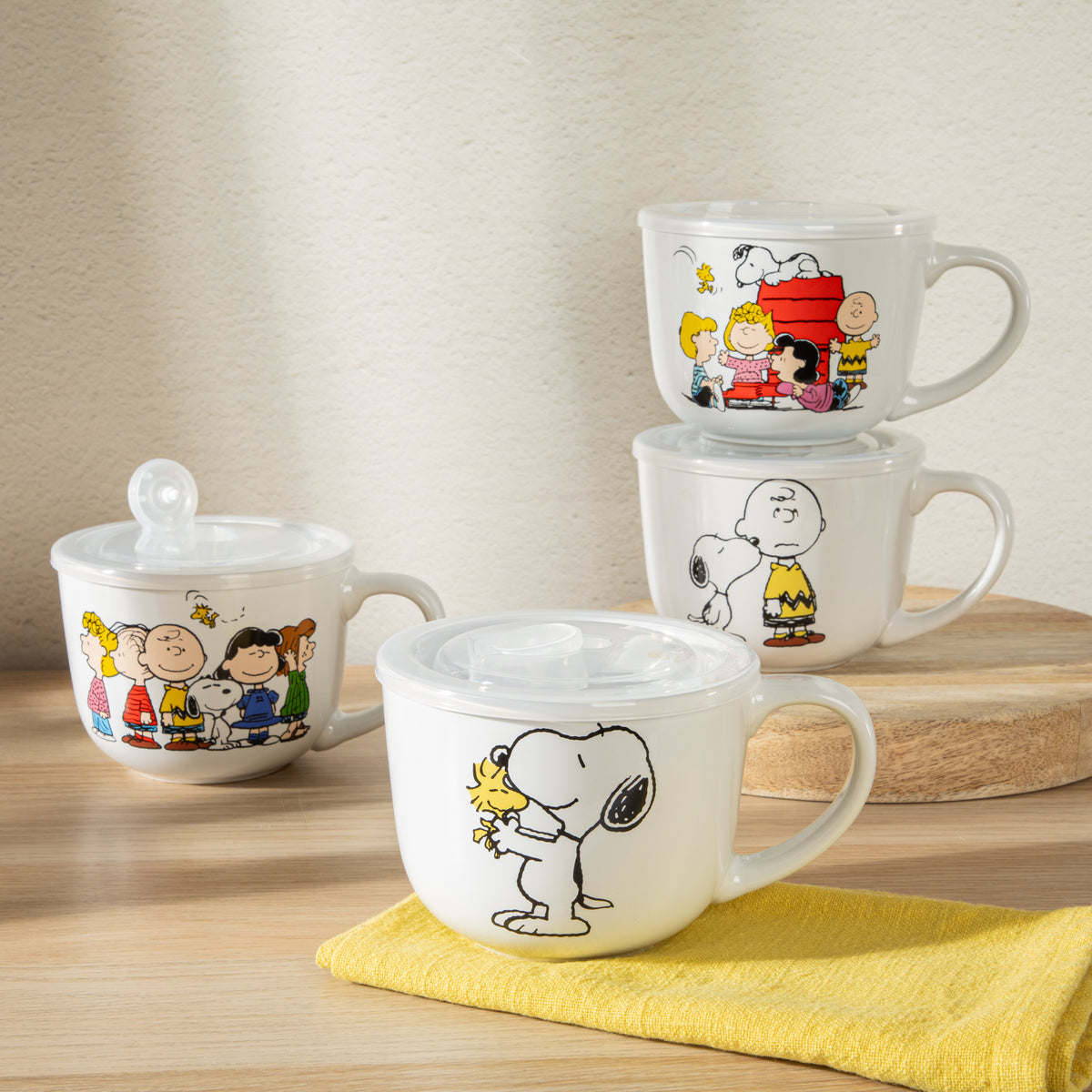 Peanuts Snoopy 23 Oz Stoneware Soup Mugs with Lids and Handles, Happiness Is Friendship, Set of 4