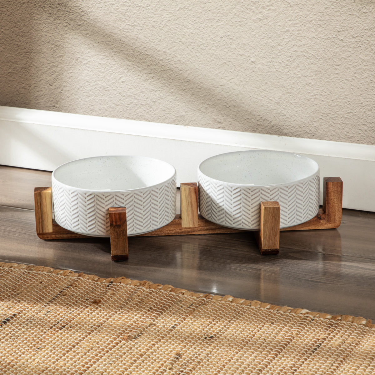 Gibson Home Ridgewood Elevated Dog Bowls with Acacia Wood Stand, Stoneware Double Pet Bowl