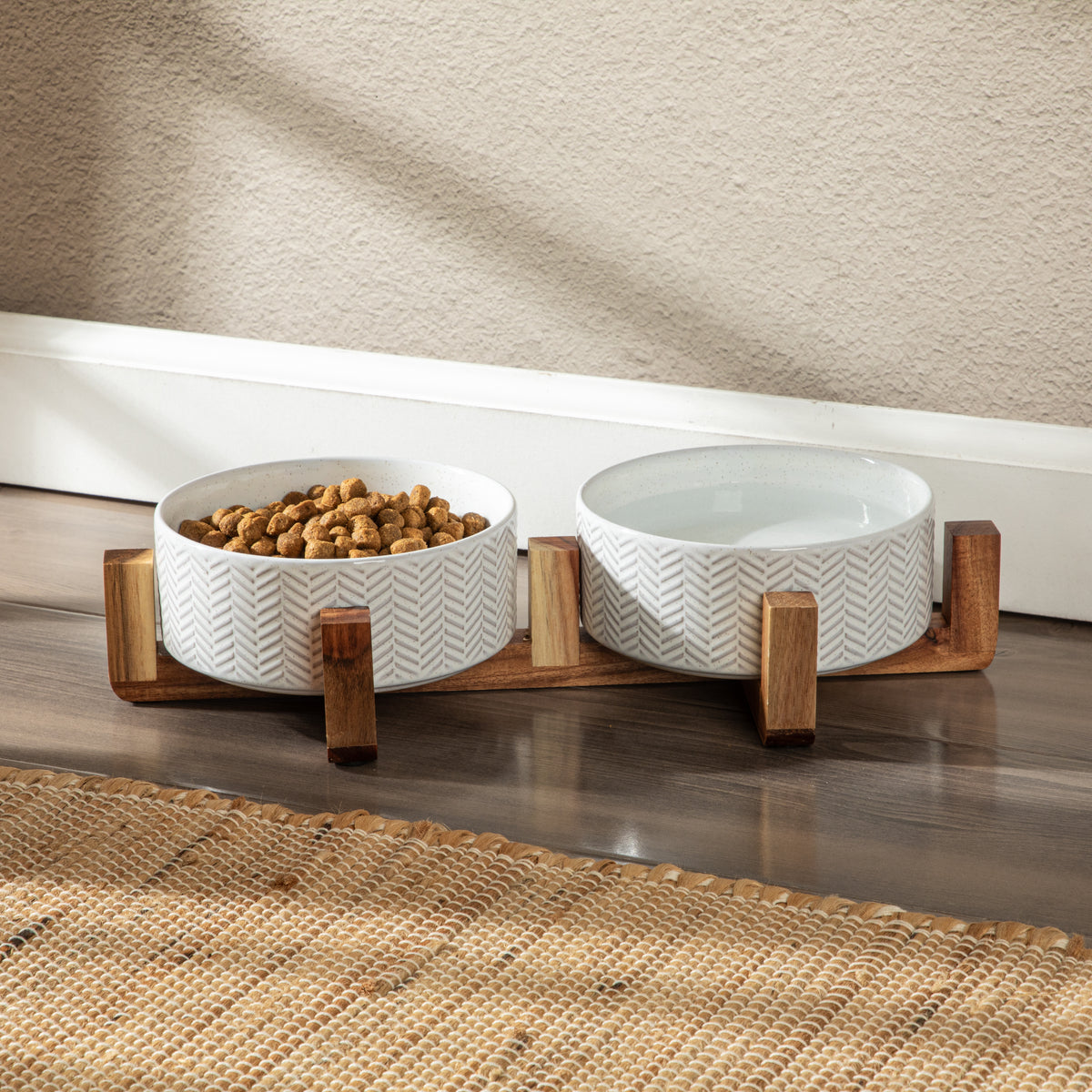 Gibson Home Ridgewood Elevated Dog Bowls with Acacia Wood Stand, Stoneware Double Pet Bowl