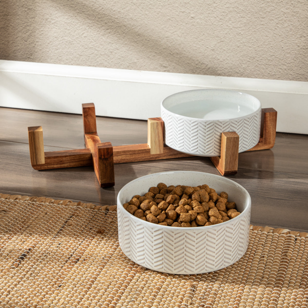 Gibson Home Ridgewood Elevated Dog Bowls with Acacia Wood Stand, Stoneware Double Pet Bowl