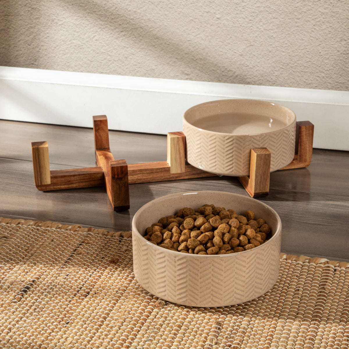 Gibson Home Ridgewood Elevated Dog Bowls with Acacia Wood Stand, Stoneware Double Pet Bowl