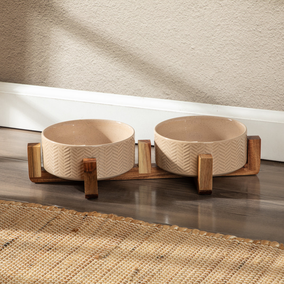 Gibson Home Ridgewood Elevated Dog Bowls with Acacia Wood Stand, Stoneware Double Pet Bowl
