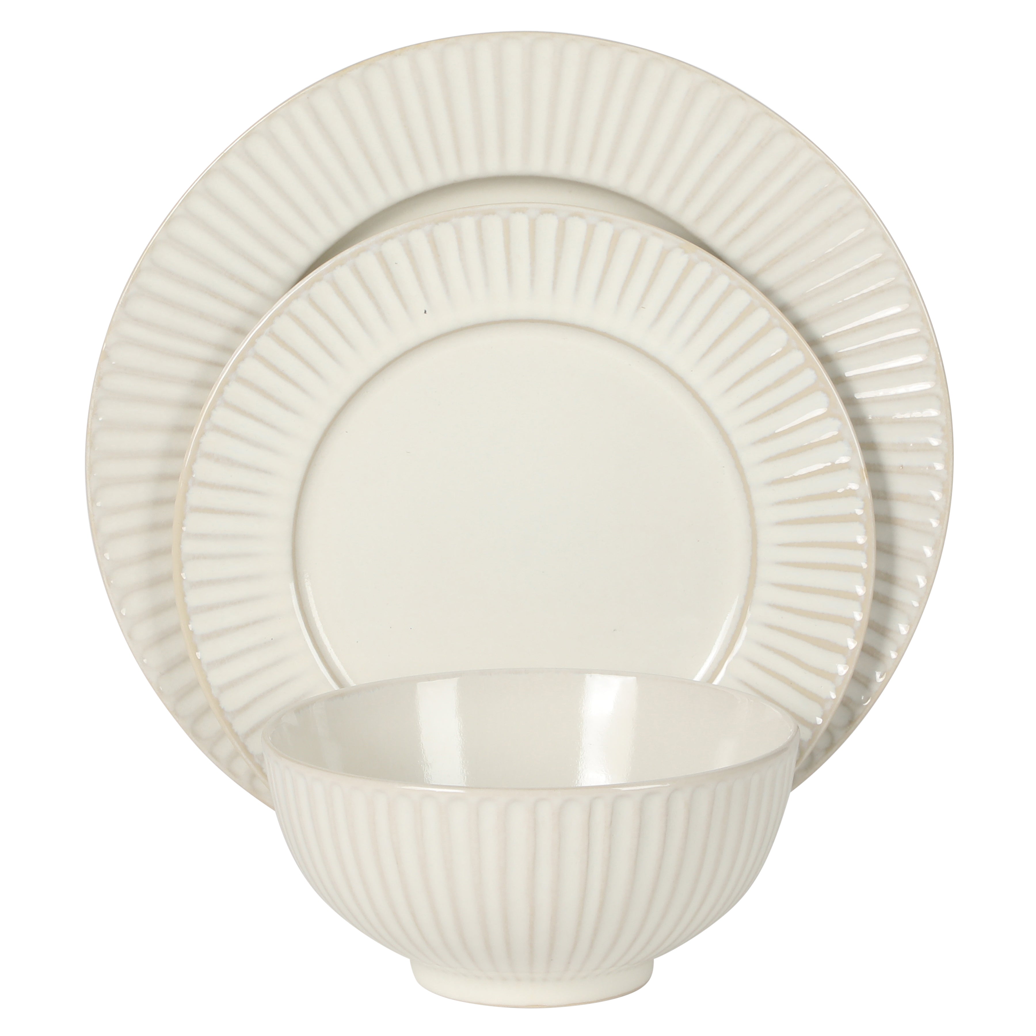 Gibson Elite Soleil 12 Piece Linen White Stoneware Dinnerware Set for 4, Plates and Bowls Set with Dinner Plates, Salad Plates and Bowls