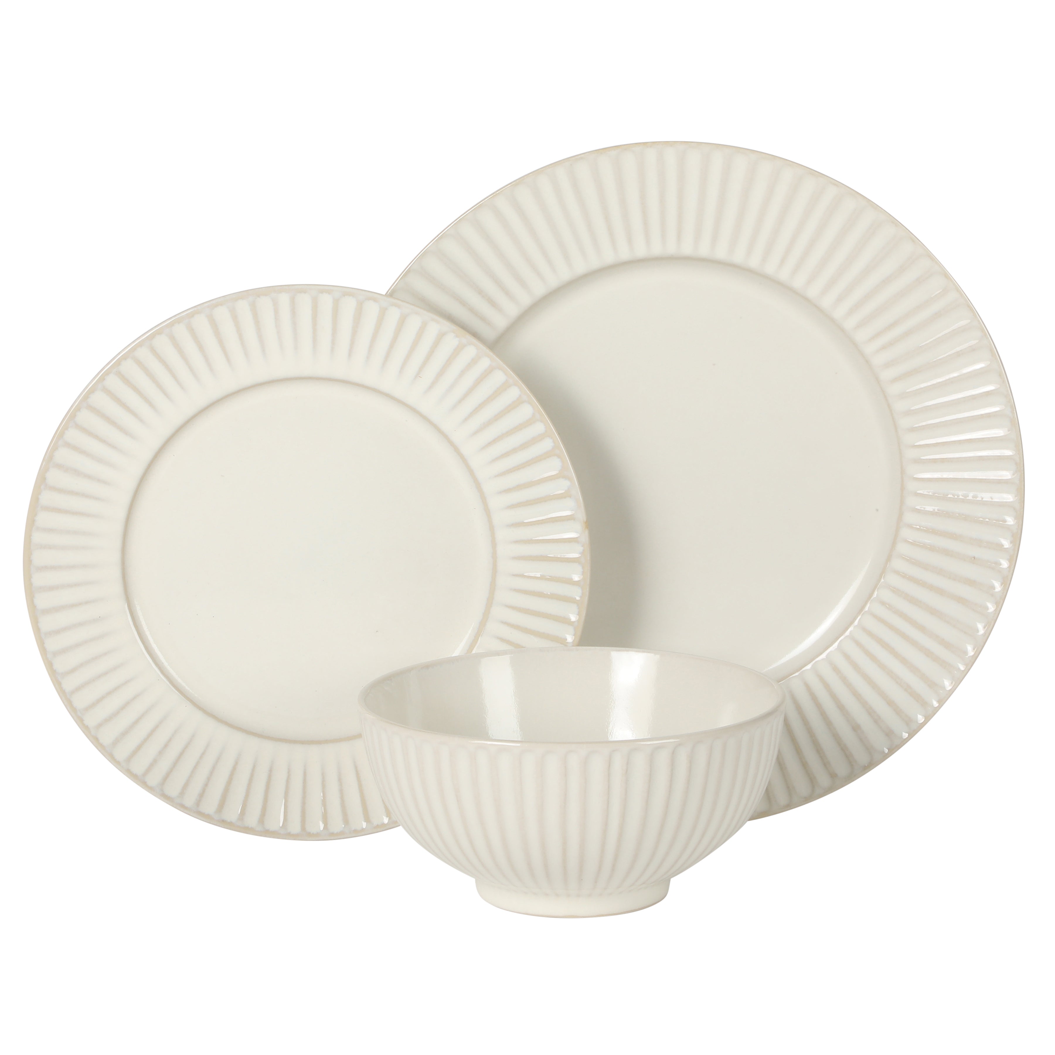 Gibson Elite Soleil 12 Piece Linen White Stoneware Dinnerware Set for 4, Plates and Bowls Set with Dinner Plates, Salad Plates and Bowls