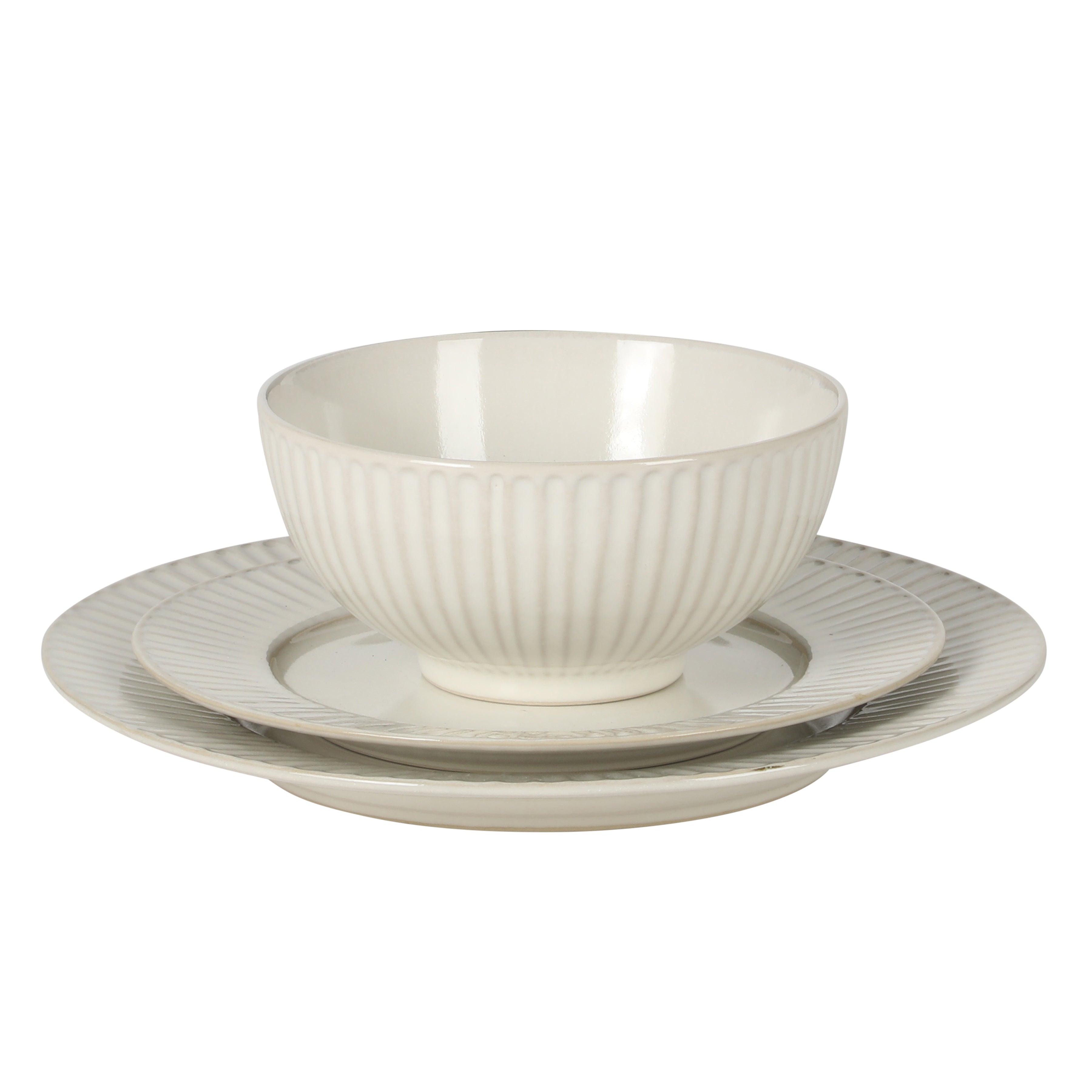 Gibson Elite Soleil 12 Piece Linen White Stoneware Dinnerware Set for 4, Plates and Bowls Set with Dinner Plates, Salad Plates and Bowls
