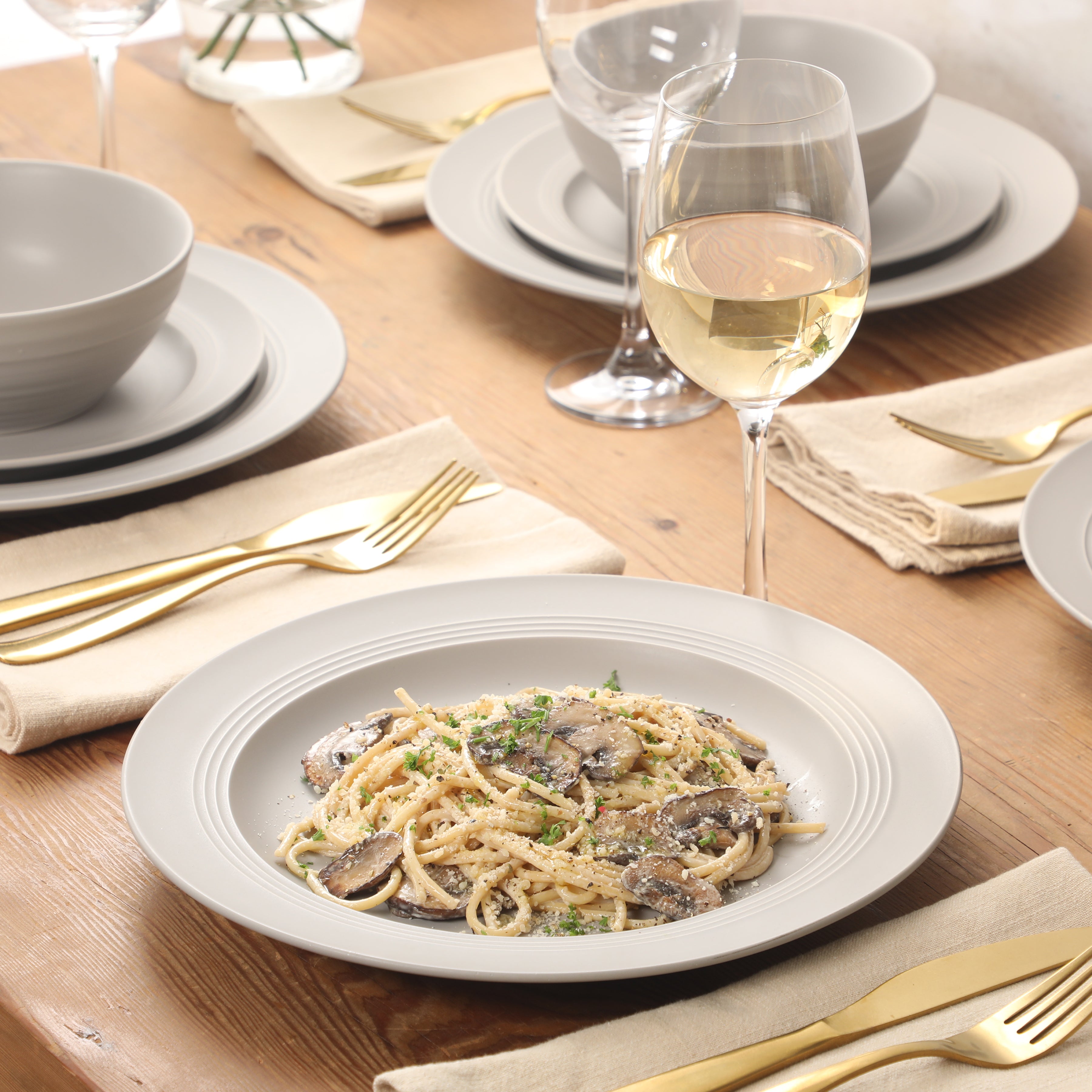 Gibson Elite Soleil 12 Piece Linen White Stoneware Dinnerware Set for 4, Plates and Bowls Set with Dinner Plates, Salad Plates and Bowls
