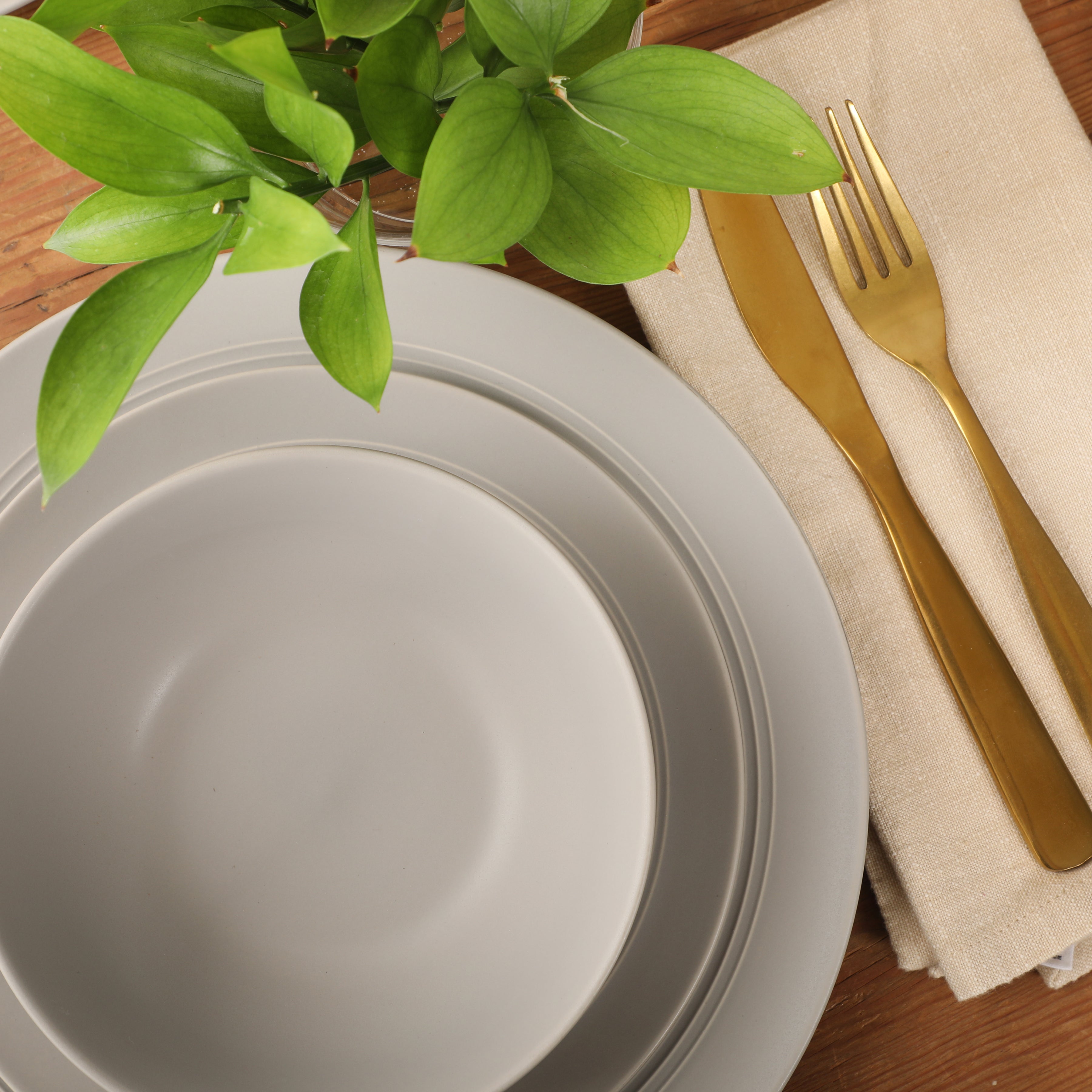 Gibson Elite Soleil 12 Piece Linen White Stoneware Dinnerware Set for 4, Plates and Bowls Set with Dinner Plates, Salad Plates and Bowls