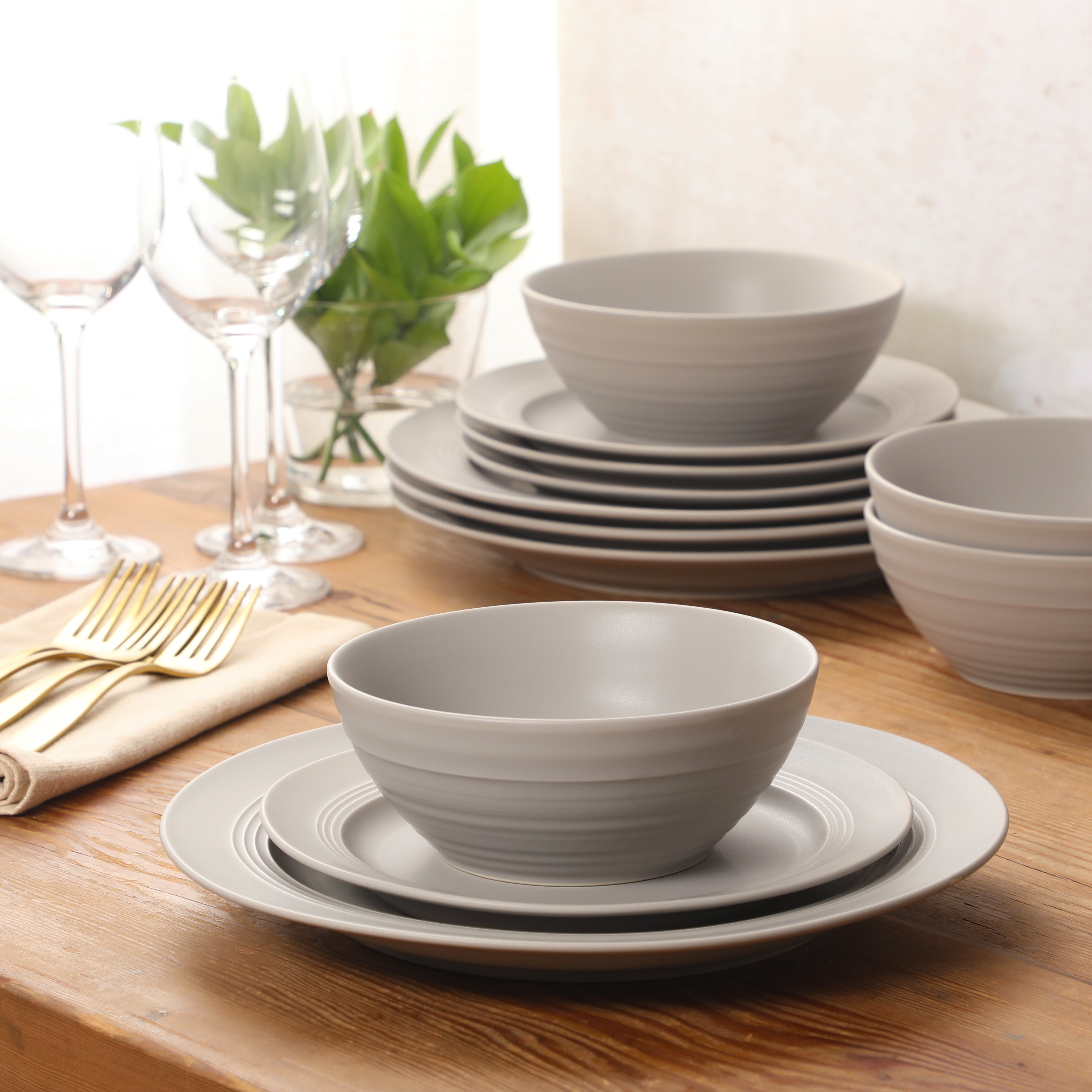 Gibson Elite Soleil 12 Piece Linen White Stoneware Dinnerware Set for 4, Plates and Bowls Set with Dinner Plates, Salad Plates and Bowls